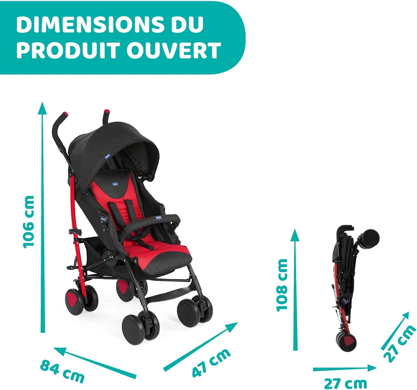 Chicco Echo Poussette Légère et Compact, Inclinable avec Arceau de Protection, Position Landau, Pliage Parapluie, Canopy Ajustable - de la Naissance à 22 Kg - Rouge