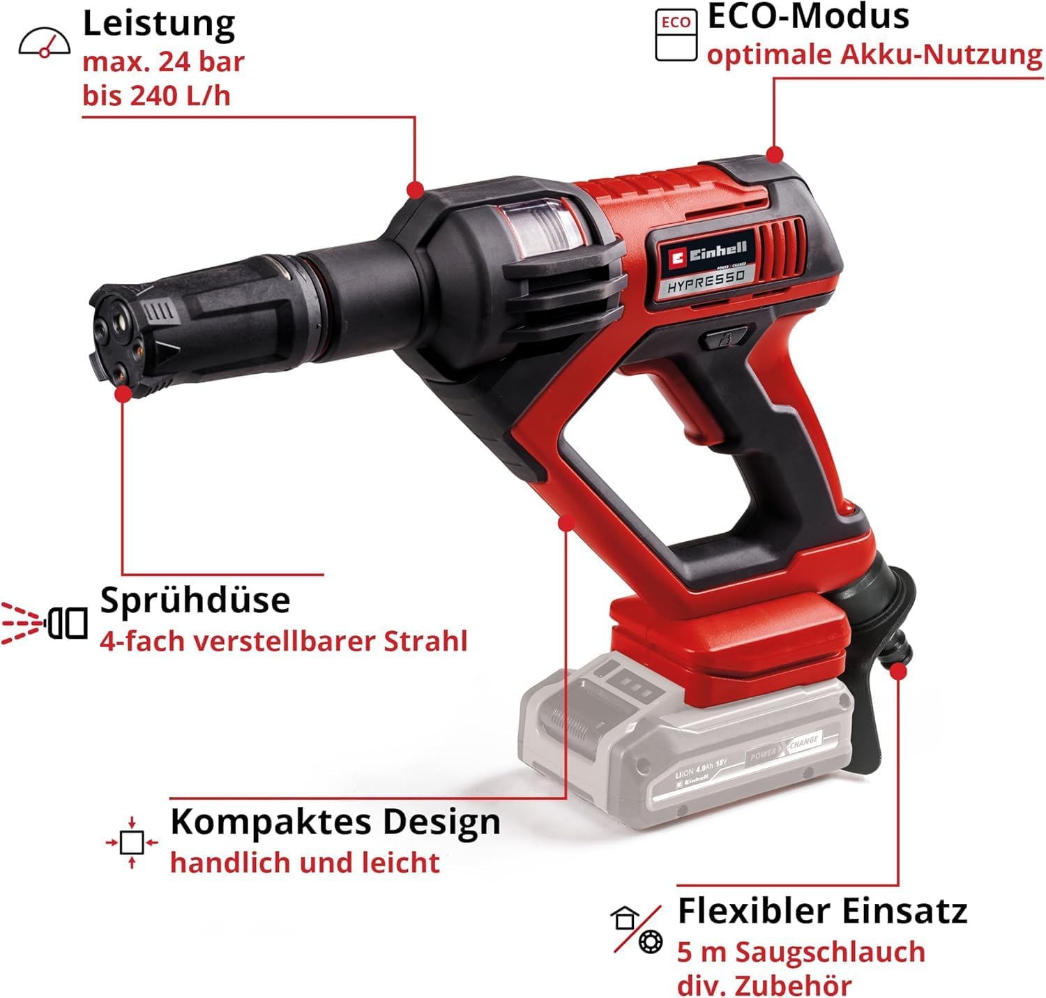 Einhell Akku-Druckreinigerpistole HYPRESSO 18/24-1 Power X-Change (18 V, 24 bar, Mobile Reinigung und Bewsserung, 240 L/h, inkl. Zubehr, ohne Akku & Ladegert)