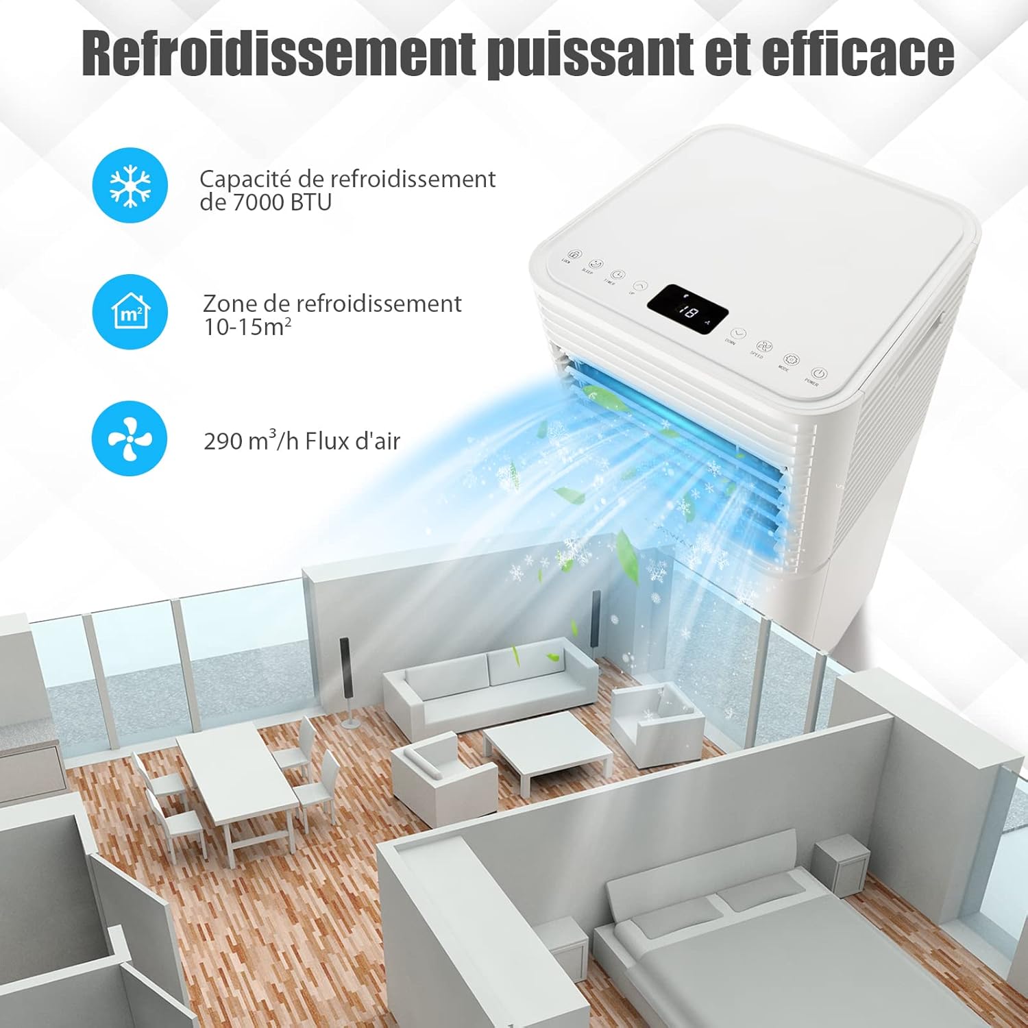RELAX4LIFE Climatiseur Mobile Silencieux 9000BTU, Climatiseur Portable 4 en 1, Refroidisseur d'Air, Ventilateur, Déshumidificateur, Mode Nuit, 15-20㎡, Télécommande, Minuterie 24H, Classe Energie A