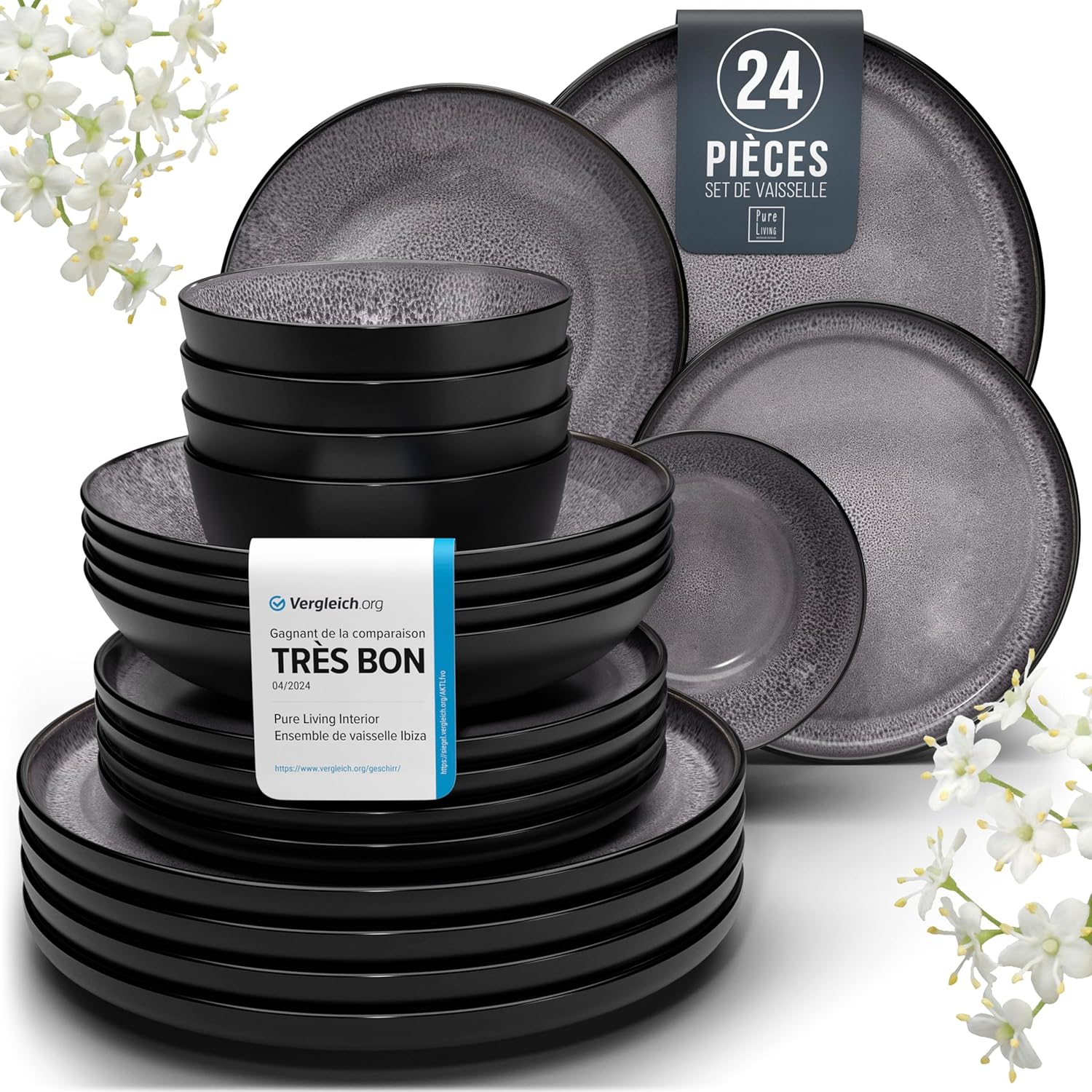 Service de Vaisselle en Grès Ibiza 36 pièces –Ensemble de Vaisselle pour 12 Personnes, Adapté au Lave-Vaisselle et au Micro-Ondes, Pure Living bleu fumé, Assiettes Service de Table