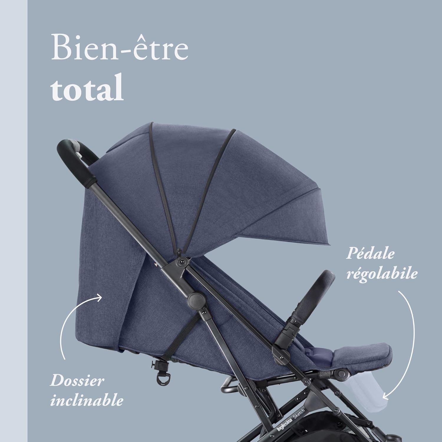 Inglesina Sketch Poussette Légère et Compacte, Bleu, Confortable, jusqu'à 17kg, Pliage à une main, UPF 50+