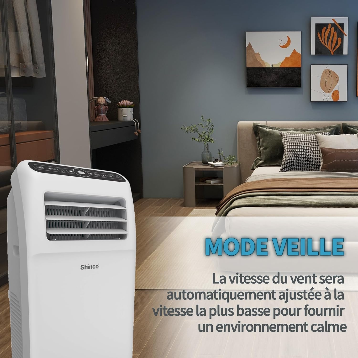SHINCO Climatiseur mobile, 7000 BTU 2,05kW, Refroidir&Ventilation&Déshumidification, taille de la pièce jusqu'à 54m³(18㎡), Climatiseur mobile avec tuyau d'évacuation et tuyau de vidange, mode sommeil