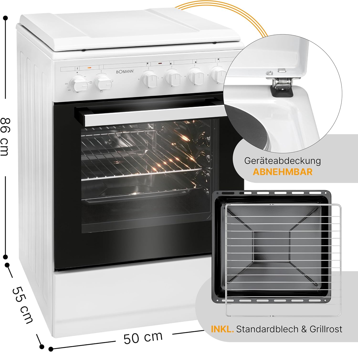 Boman, Cuisinière Electrique 4 plaques et four de 48L, Largeur 50 cm, cuisine avec plaque couvre-feu, allumage manuel, 4 foyers avec commandes, Energie A