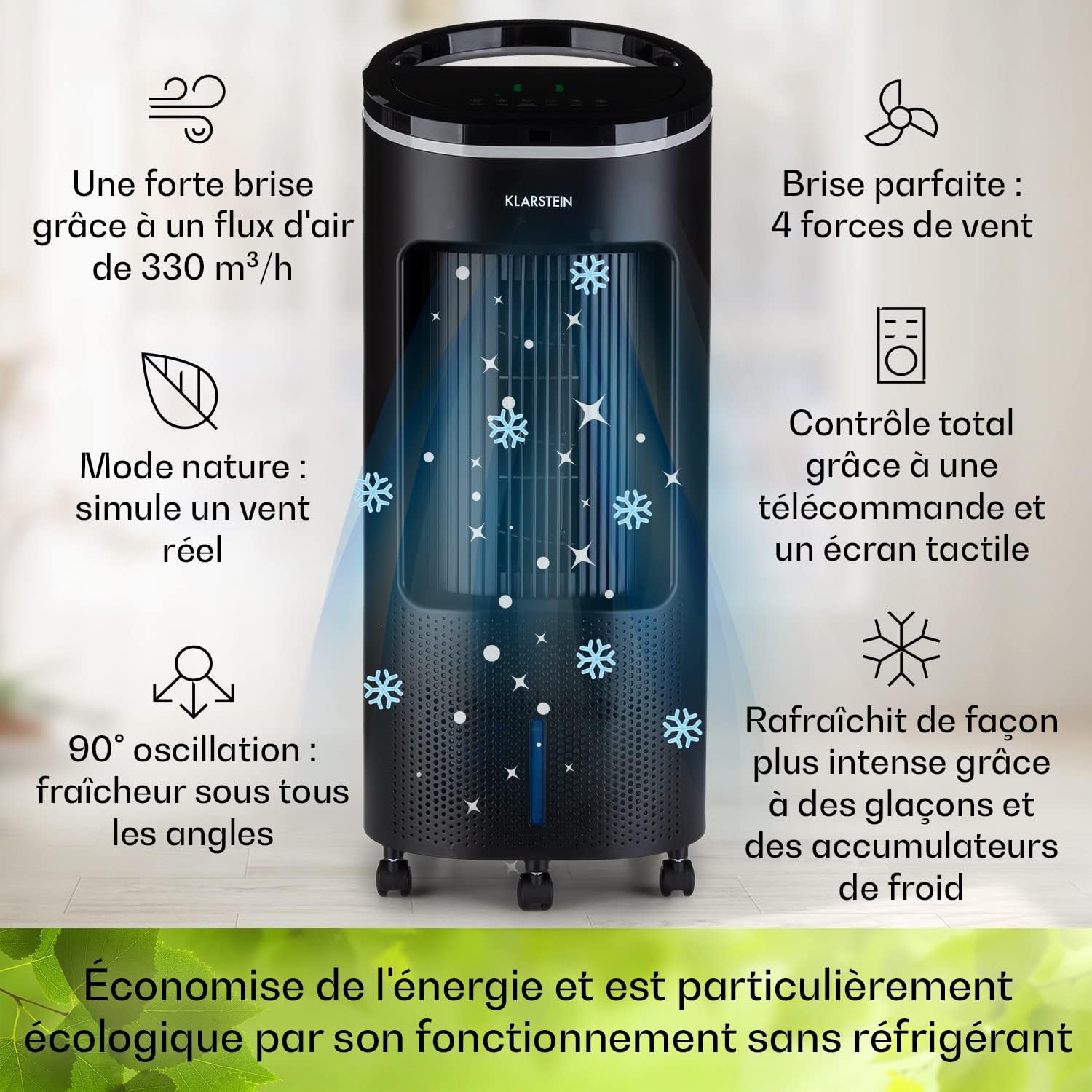 Klarstein Rafraichisseur d'Air 4 en 1, Climatiseur Portable Smart APP Mobile, Humidificateur, Ventilateur, Sans Évacuation 65W, Pack Glacons, Mode Nuit, Puissant Débit d'Air 330m³/h