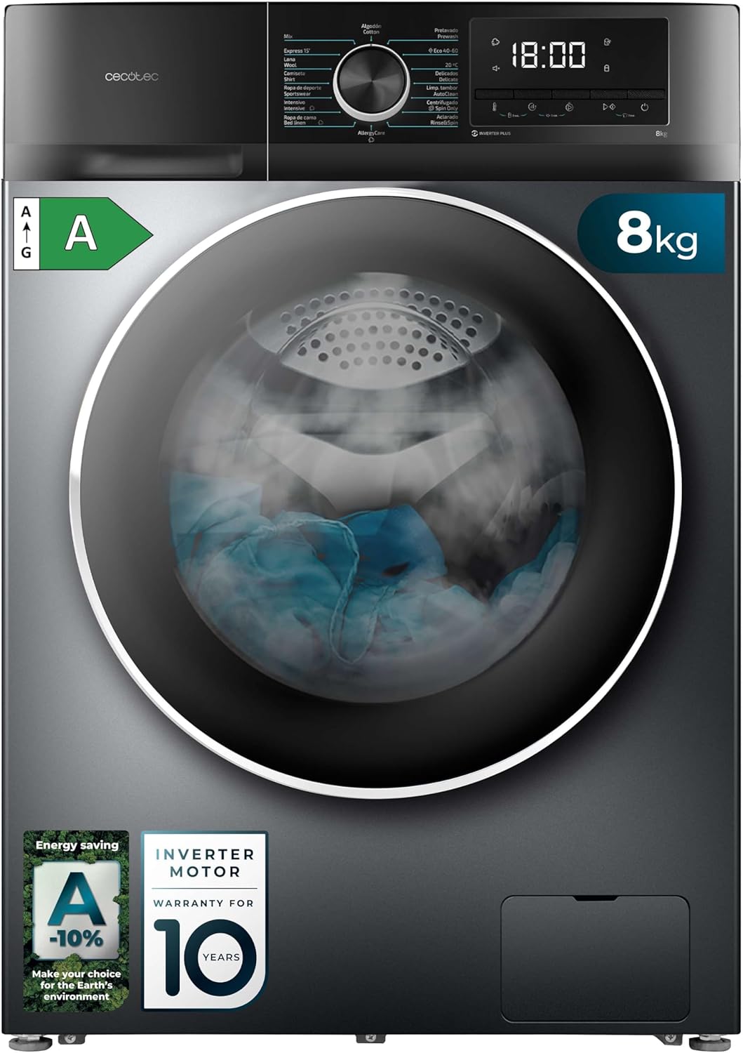 Cecotec Lavadora 8 Kg Carga Frontal Bolero Dresscode 8500 Inverter A. 1900 W, 1400 rpm, Motor Inverter Plus, Bajo Consumo, 16 Programas, SteamMax, Delay Start, Blanco