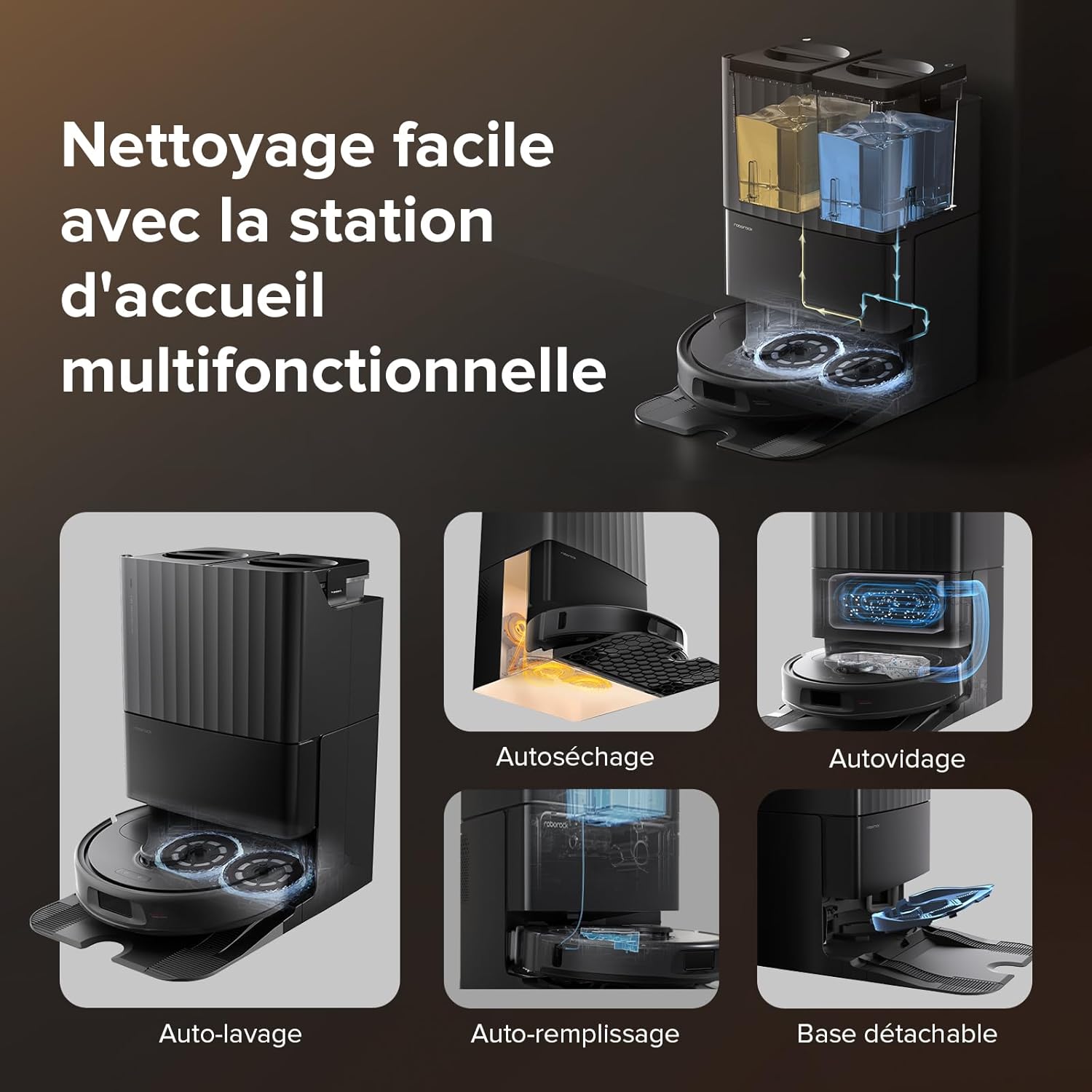 roborock Qrevo S Set Aspirateur Robot Laveur, 7000Pa HyperForce, Double Serpillière Rotative 200 tr/min & Relevable 10mm, Station Multifonctionnelle, 3D Cartographie, Reactive Tech, Contrôle APP, Noir