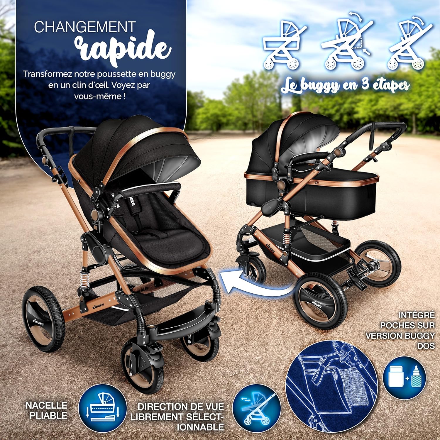 KIDUKU® Poussette Combinée 3 en 1 | Trio pour Enfants | Siége Auto Légère, Piable | Nacelle Souple Convertible | Set de Voyage (Noir/Champagne)