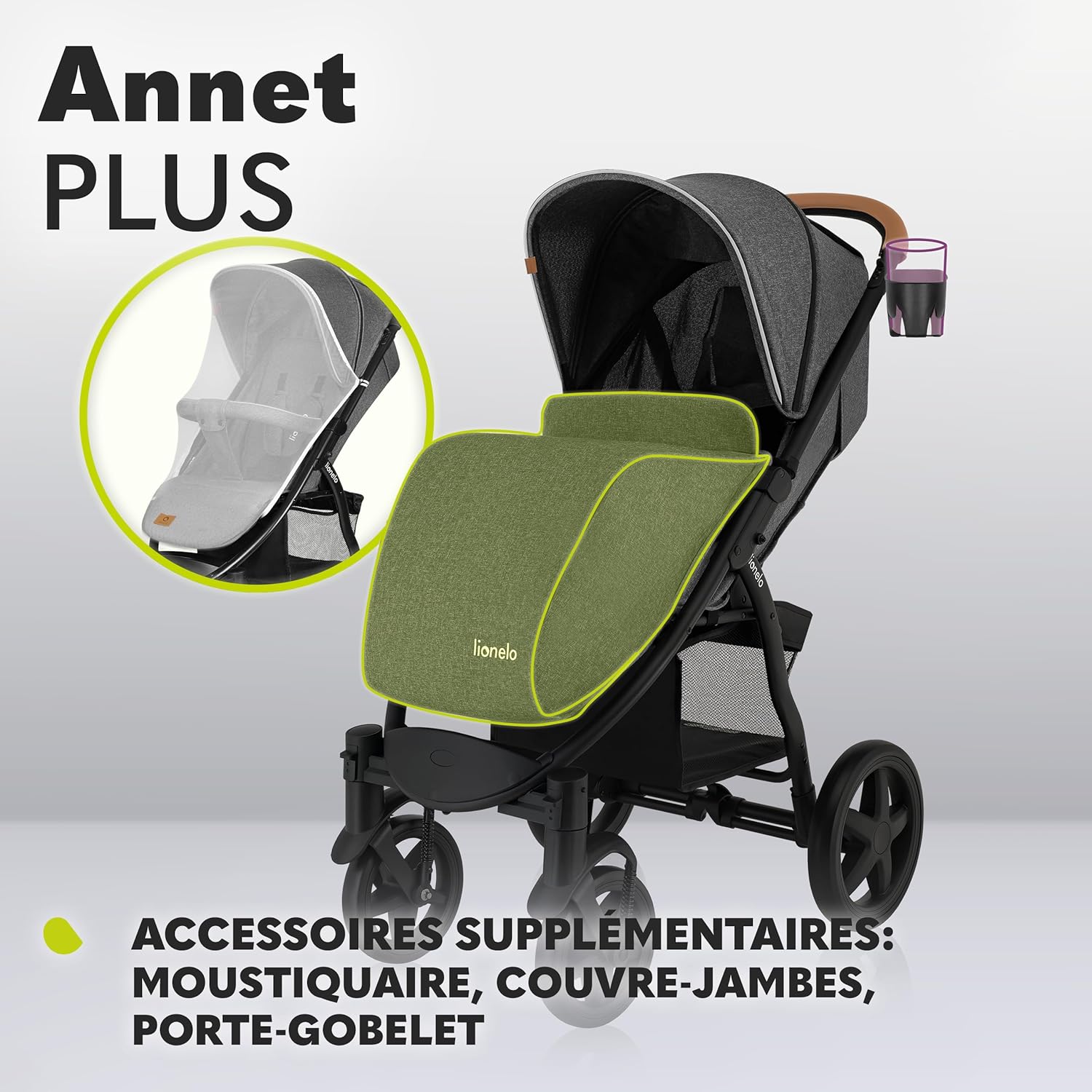 LIONELO Annet Plus poussette bebe à 22 kg, auvent avec fenêtre, roues EVA, chancelière moustiquaire porte-gobelet, réglage du dossier jusqu’à la position couchée (Dreamin, PLUS)