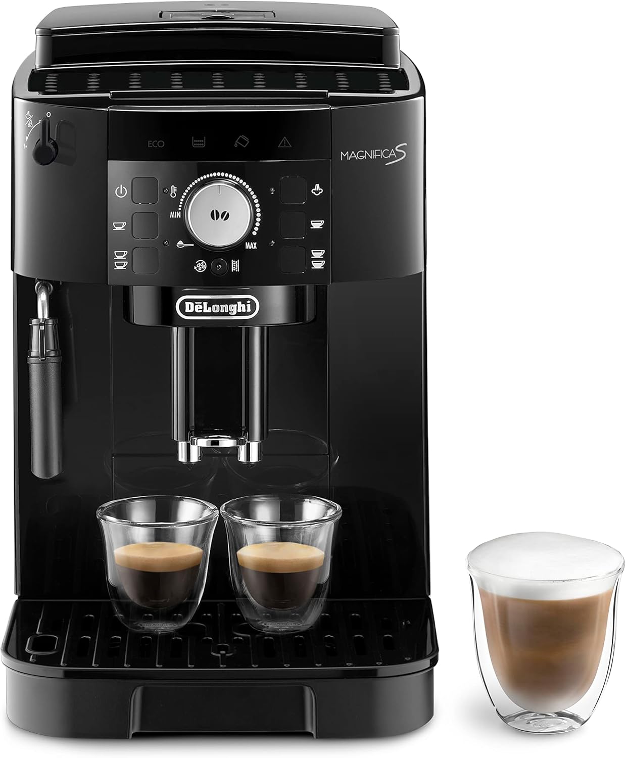 De'Longhi Magnifica S ECAM11.112.B, Kaffeevollautomat mit Milchaufschumdüse für Cappuccino, mit Espresso Direktwahltasten und Drehregler, 2-Tassen-Funktion, Schwarz