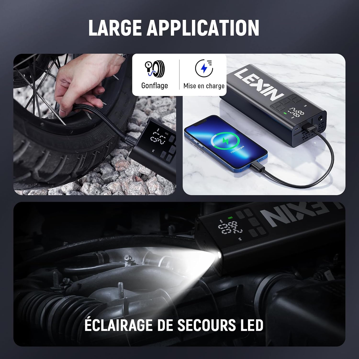 LEXIN P5 Compresseur d'Air Portatif 150PSI, Gonfleur Pneus sans Fil 5000mAh, Gonfleur lectrique l'cran LCD, Puissance Mobile, Pompe de Pneu avec Presta/Schrader pour Moto/Voiture/Vélo/Balle/Scoote