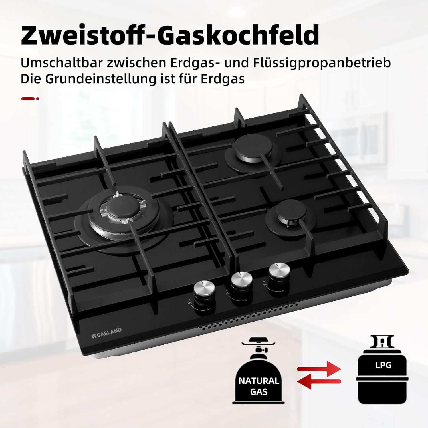 GASLAND GH2805BG1FC Table de cuisson à gaz 5 feux, Cuisinière à gaz avec brûleur wok, Table de cuisson à gaz encastrable, 76cm noir Cuisinière à gaz en verre, Cuisinière à gaz 10,4KW, GPL/NG