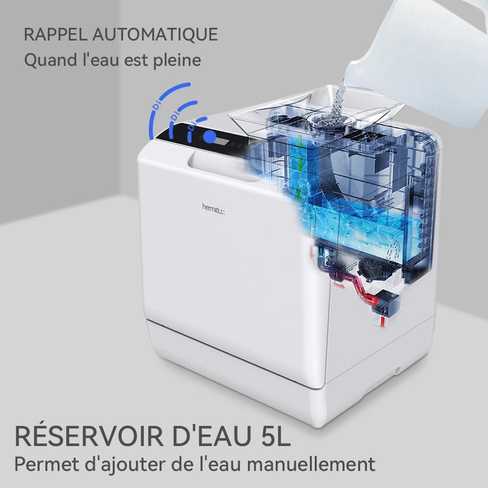 Hermitlux Mini-lave-vaisselle, lave-vaisselle de comptoir, utilisable avec robinet ou sans robinet, largeur de 43 cm, capable de contenir 4 sets, adapté au camping, 175 kWh/an, blanc