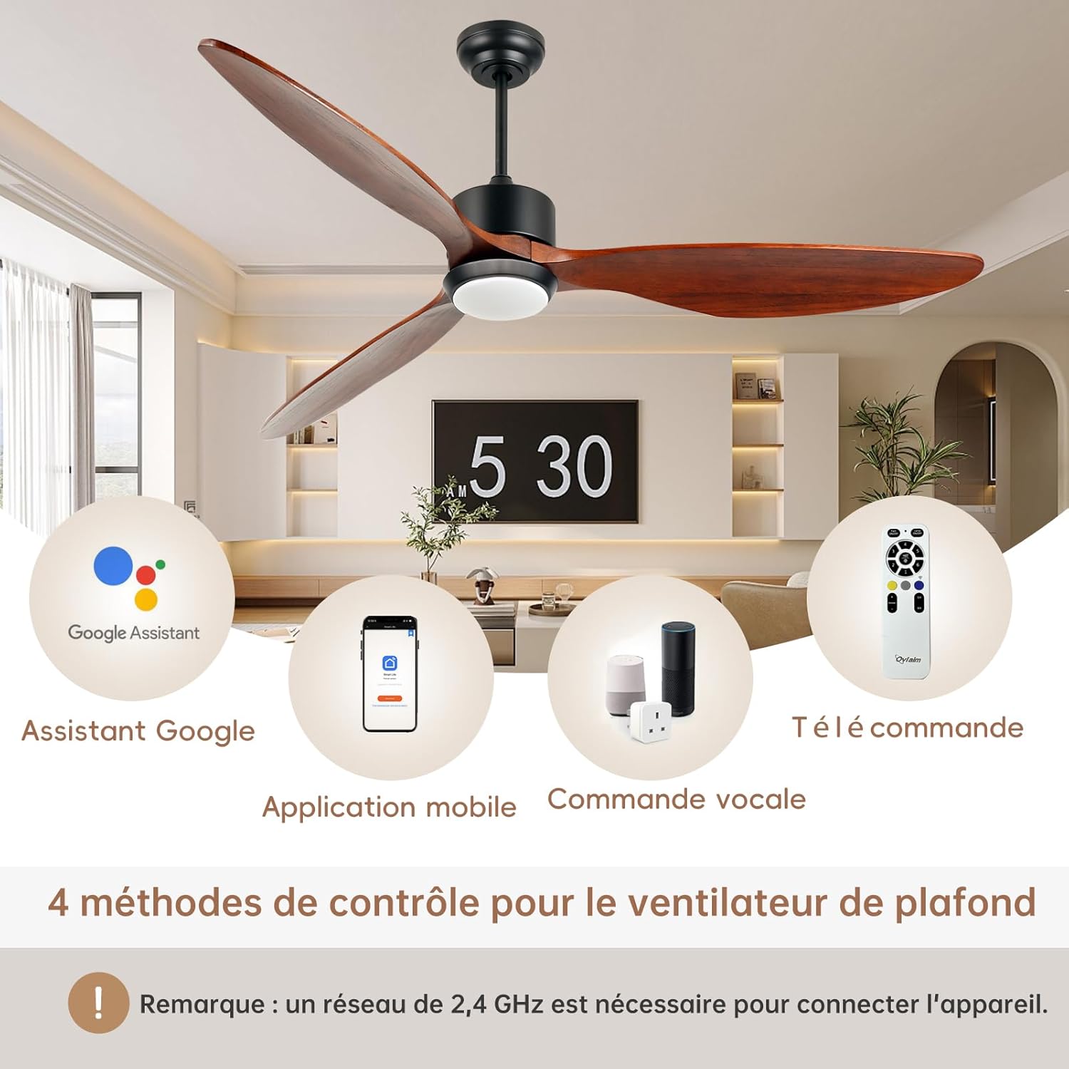 Ovlaim 132cm intérieur extérieur 3 pales hélice Smart ventilateur de plafond, Ventilateur de plafond en bois massif à moteur DC silencieux avect