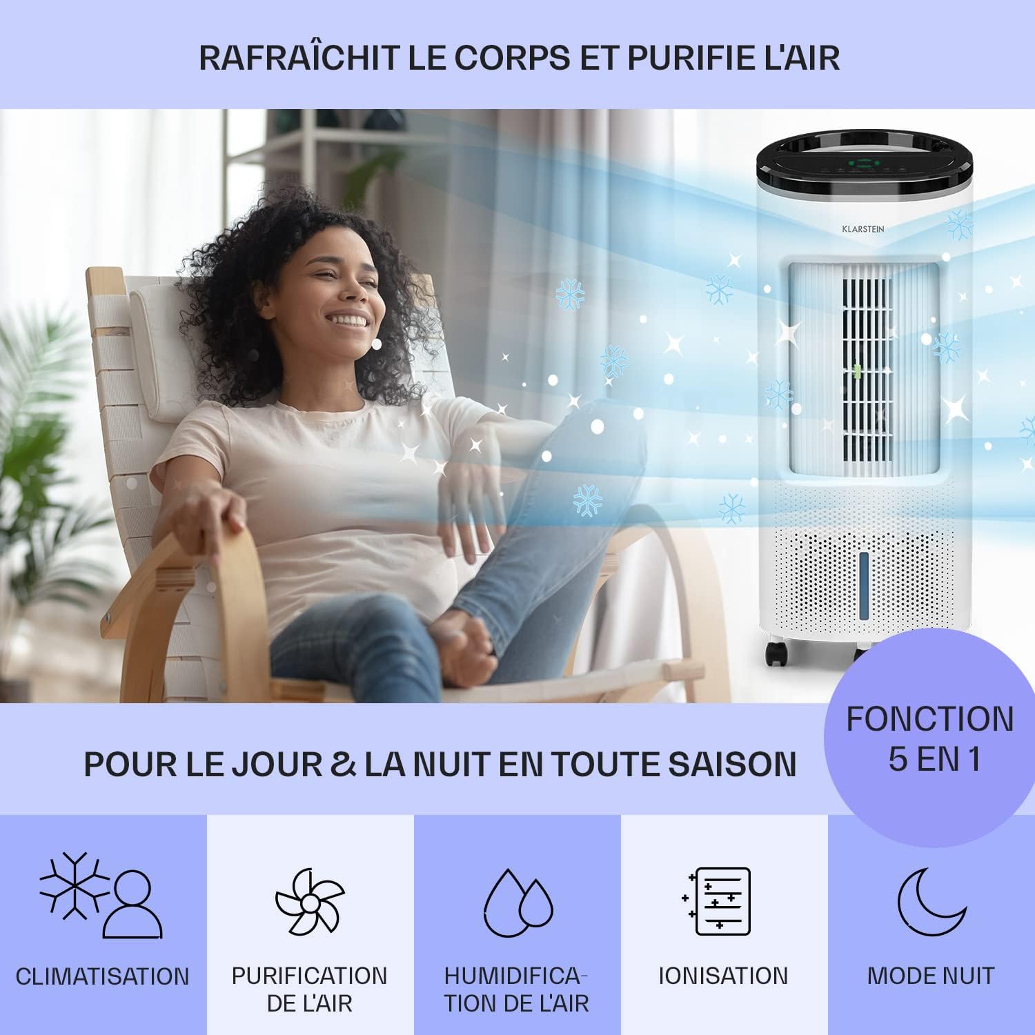 Klarstein Rafraichisseur d'Air 4 en 1, Climatiseur Portable Smart APP Mobile, Humidificateur, Ventilateur, Sans Évacuation 65W, Pack Glacons, Mode Nuit, Puissant Débit d'Air 330m³/h