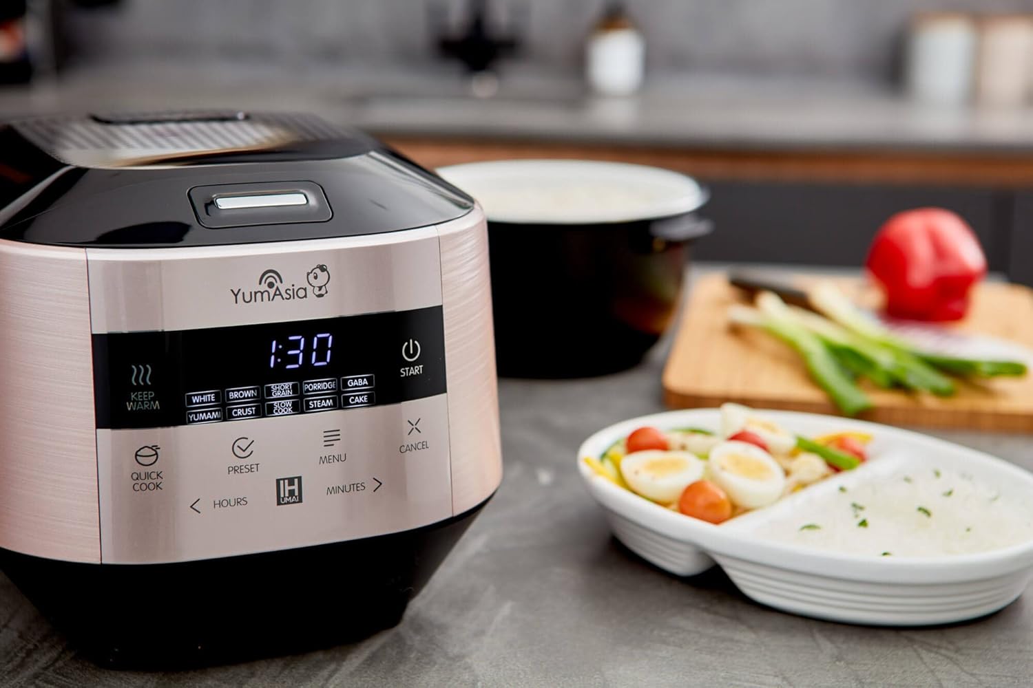 Yum Asia Bamboo Cuiseur à riz avec chauffage à induction (IH) et bol en céramique, 7 fonctions de cuisson au riz, 4 fonctions multicuiseurs, écran LED Motouch – 220-240V EU (Argent métallique)