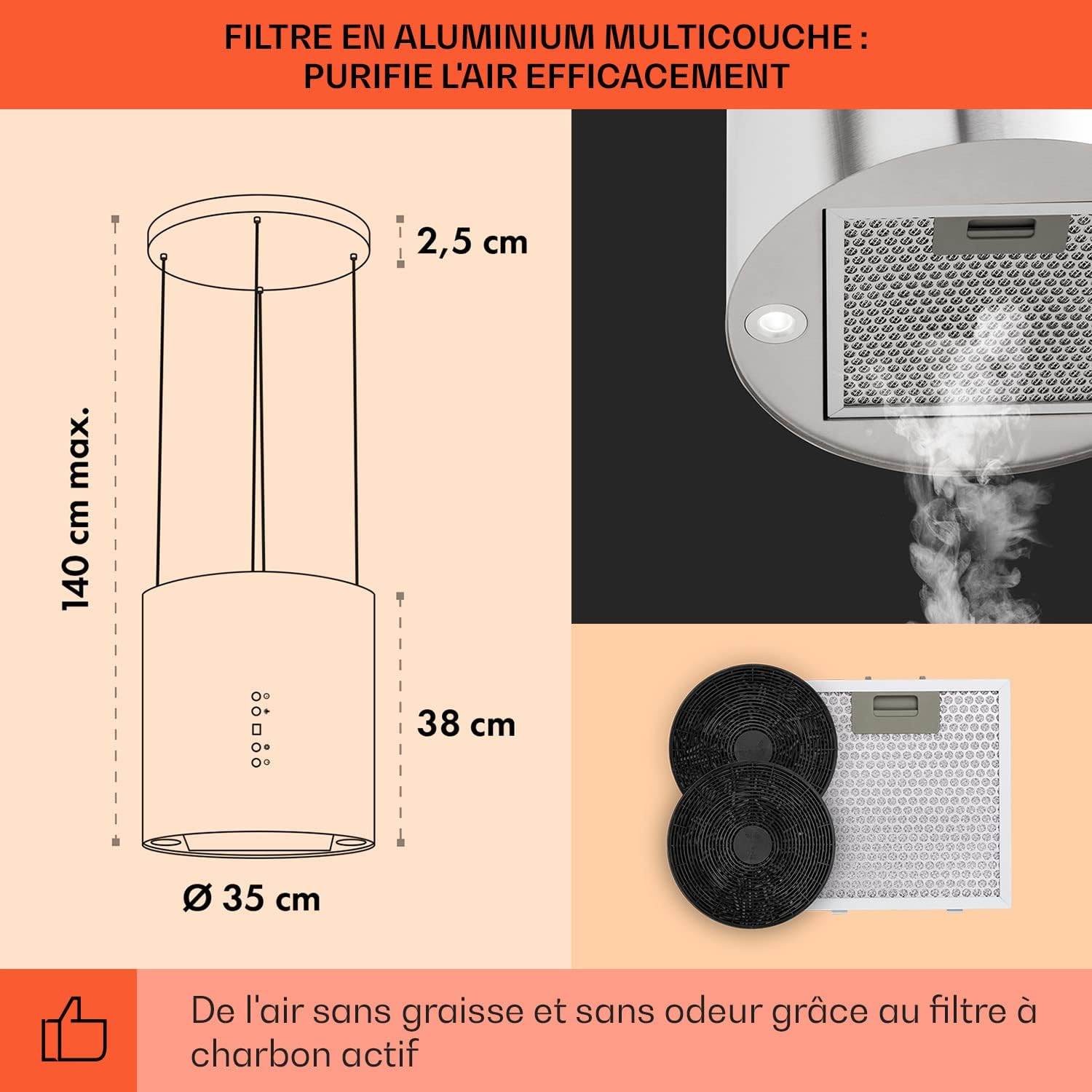 KLARSTEIN Barett - hotte aspirante îlot, hotte aspirante silencieuse Ø 35cm, Puissance Moteur 190W, 560 m³/h Max, 3 Niveaux de Puissance, éclairage LED, INOX - Argent