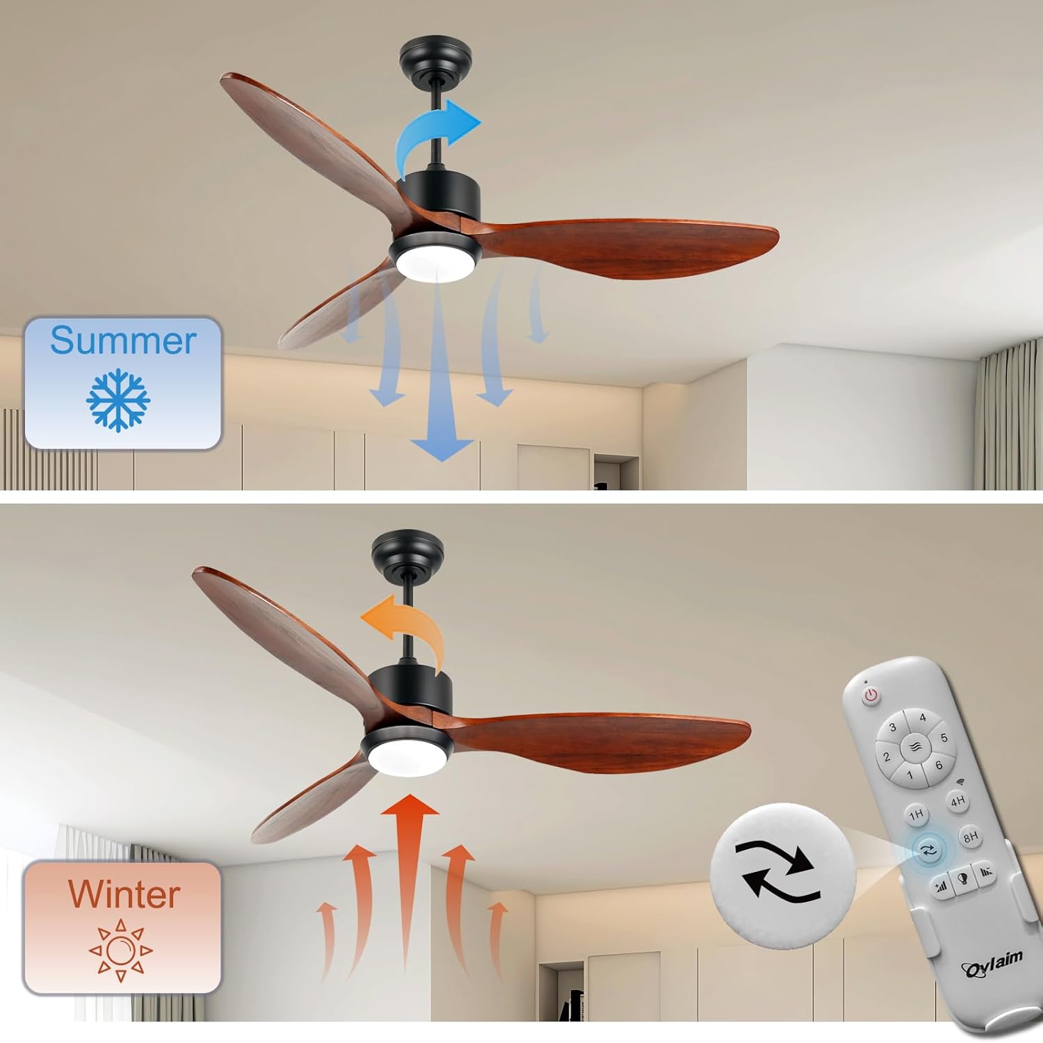 Ovlaim 132cm intérieur extérieur 3 pales hélice Smart ventilateur de plafond, Ventilateur de plafond en bois massif à moteur DC silencieux avect