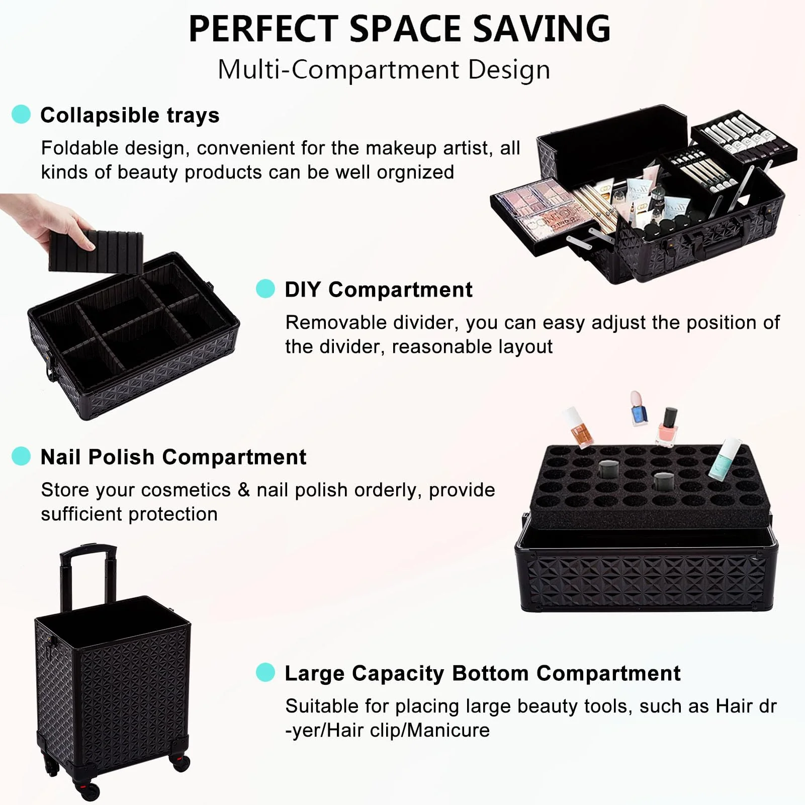 AROUS 5 in 1 Professional Makeup Train Case with 360° Swivel Wheels