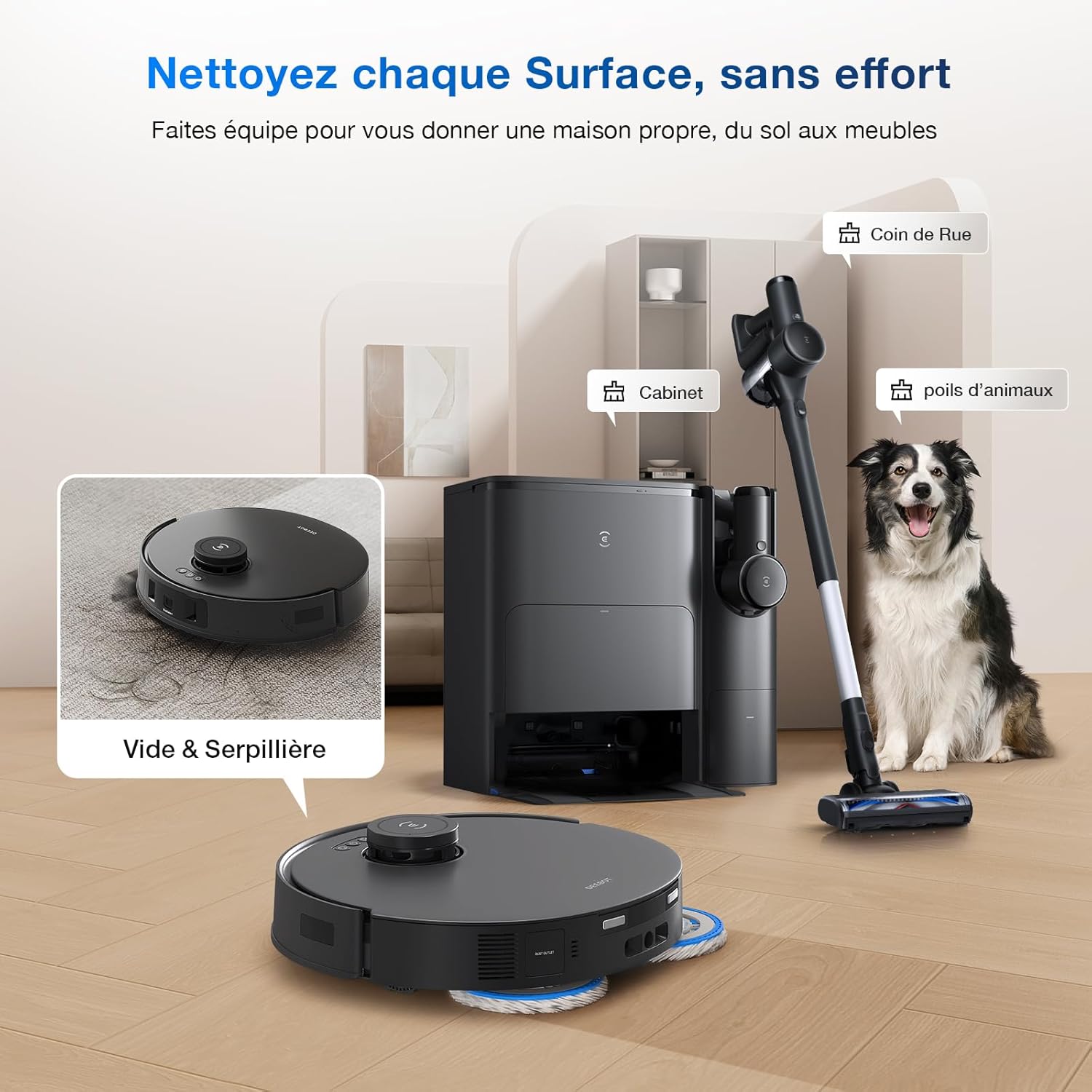 ECOVACS X8 PRO OMNI Robot Aspirateur Laveur avec Station Tout-En-Un, Puissance 18000Pa, Nettoyage Automatique Instantané OZMO ROLLER, Nettoyage à l'eau chaude 75℃, Ajout Solution Nettoyage Automatique
