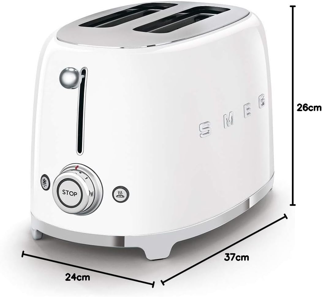 Smeg, Grille-pain 2 Tranches TSF01UJEU, 2 Fentes 36 mm, 6 Niveaux de Brunissage, Fonction Chauffage, Décongélation et Bagel, Éjection Automatique du Pain, Ramasse Miettes, 950 W, Royaume-Uni