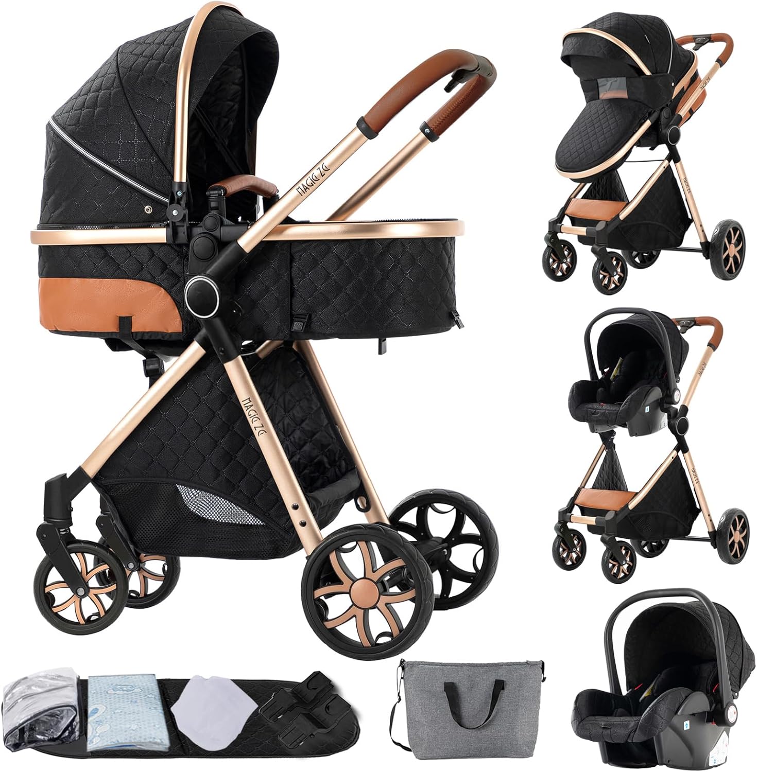 NADDLILY Poussette 3 en 1, Poussette Bebe avec Conception Portable Pliable en Un Clic, Pousette 3 en 1 avec Poussée Réversible Bidirectionnelle, Poussette Canne avec Accessoires (V9 Black)