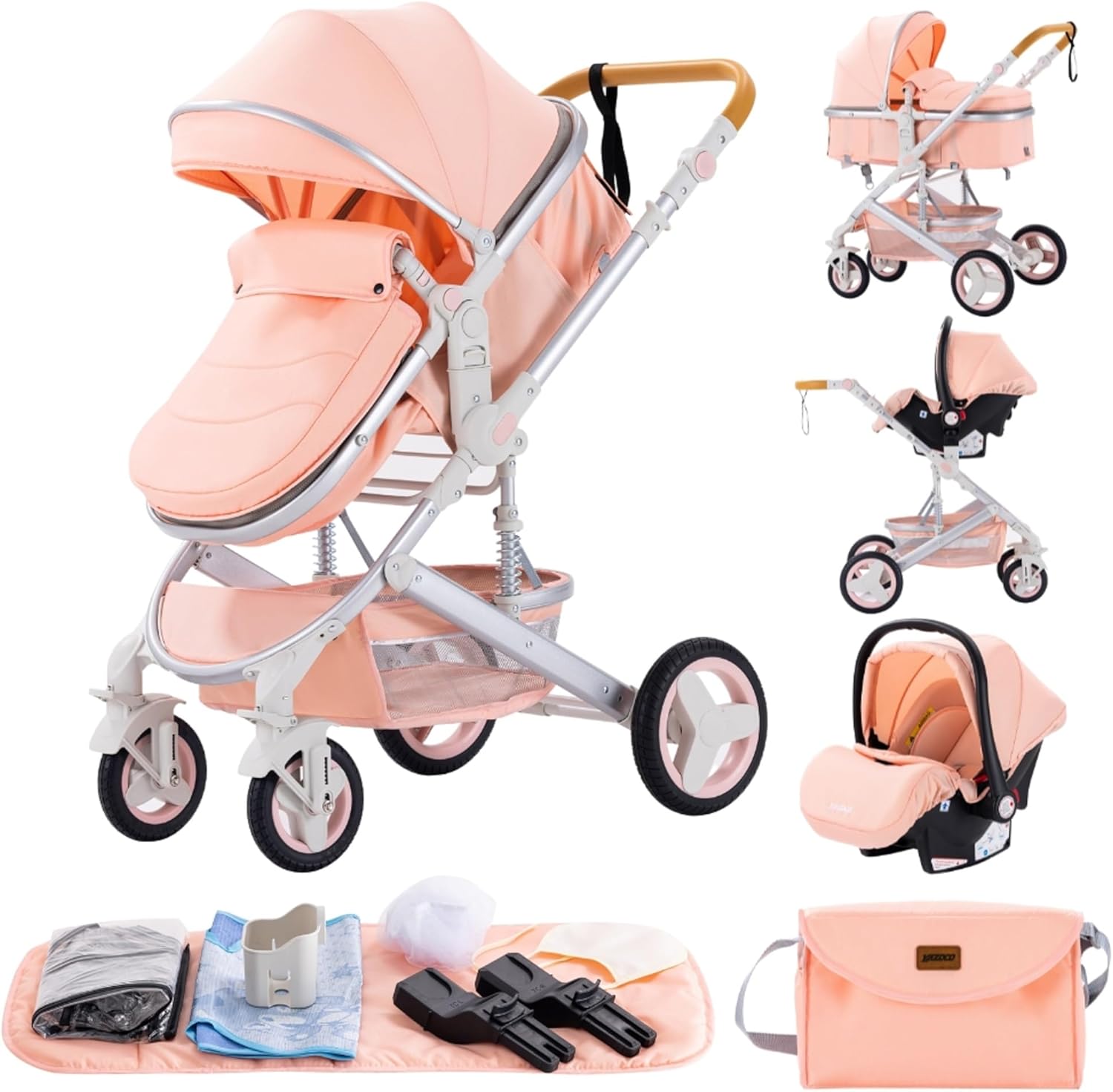 GLOKID Poussette 3 en 1, Poussettes Combinée Portable Pliant en Un Clic，Poussette Canne Poignée Réglable en Hauteur, Poussettes Combinée Paysage Haut Cadre en Aluminium (X1 NOIR)