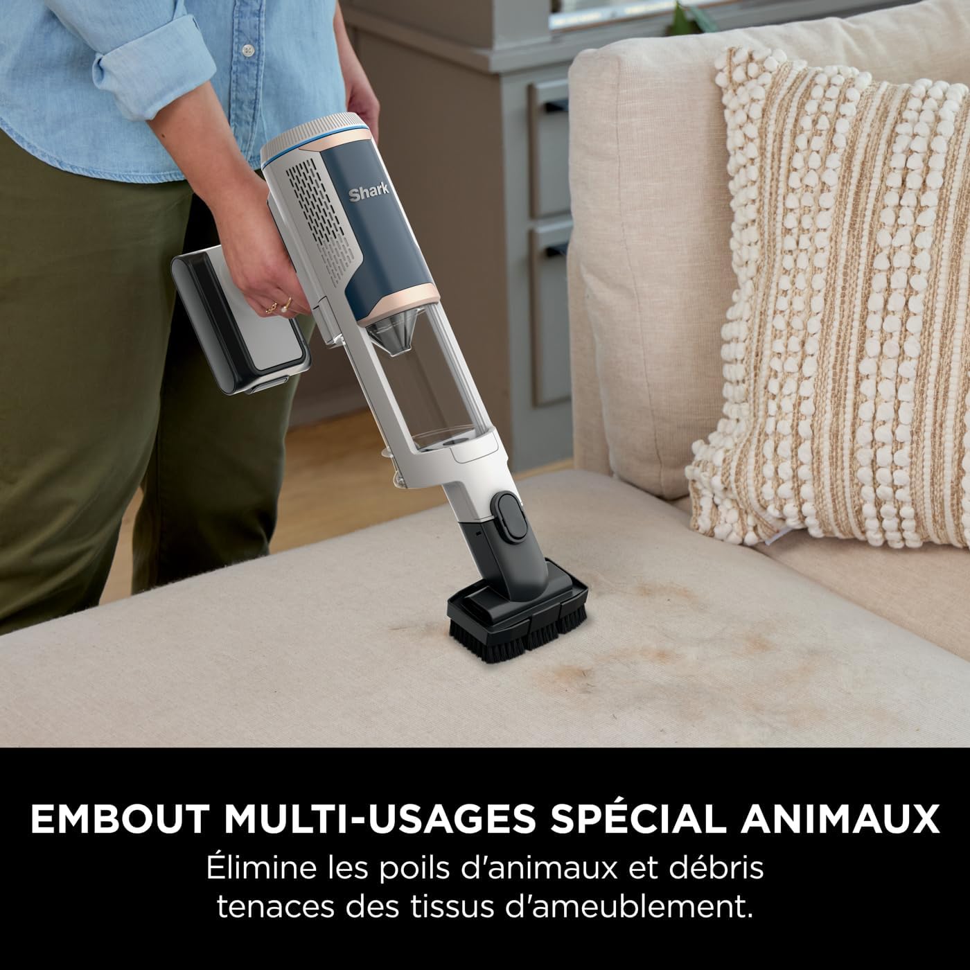 Shark Clean & Empty Aspirateur sans fil, système vidange automatique, aspirateur léger anti-poils avec outils animaux et interstices, autonomie 40 minutes, station de chargement, blanc/bleu, BU3521EU
