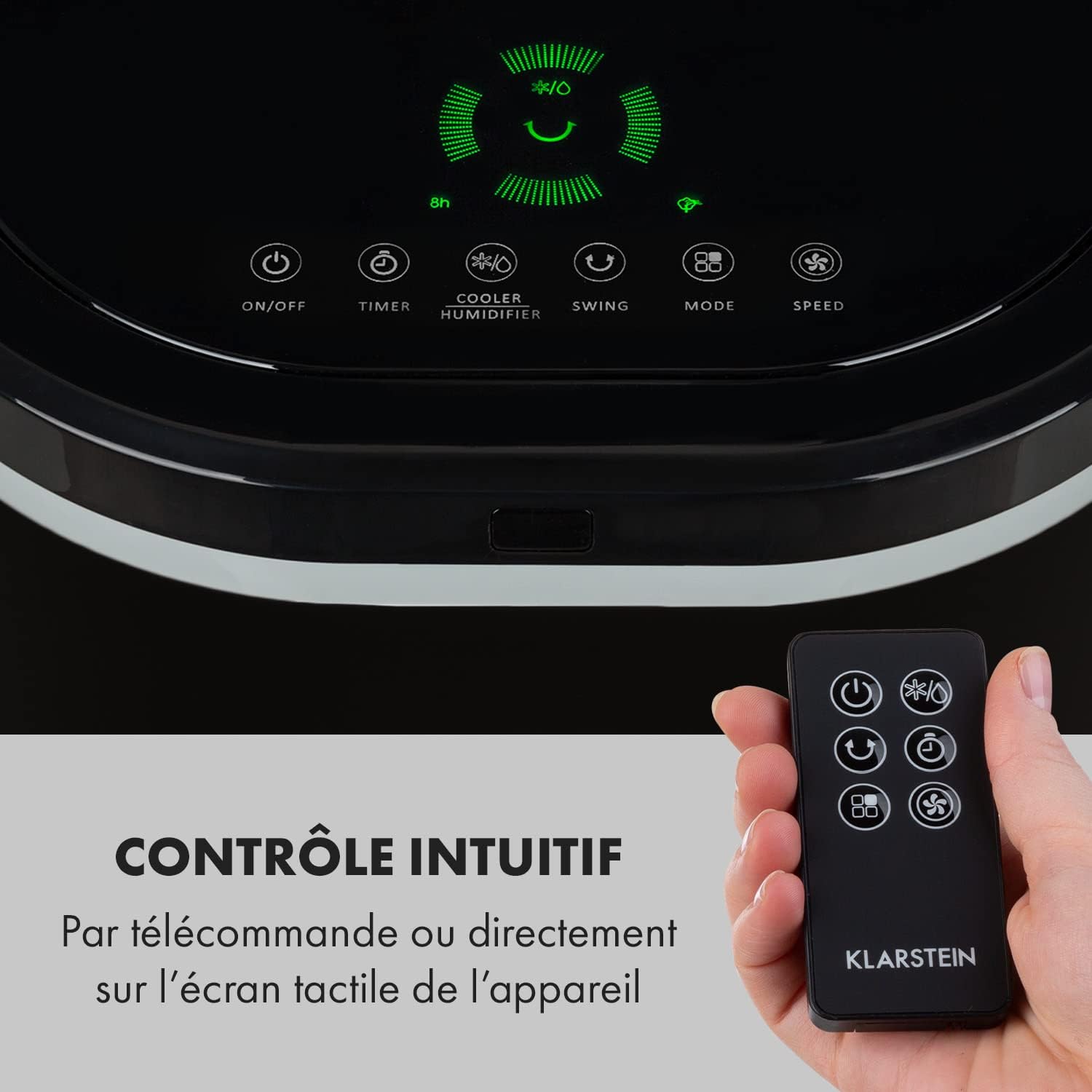 Klarstein Rafraichisseur d'Air 4 en 1, Climatiseur Portable Smart APP Mobile, Humidificateur, Ventilateur, Sans Évacuation 65W, Pack Glacons, Mode Nuit, Puissant Débit d'Air 330m³/h