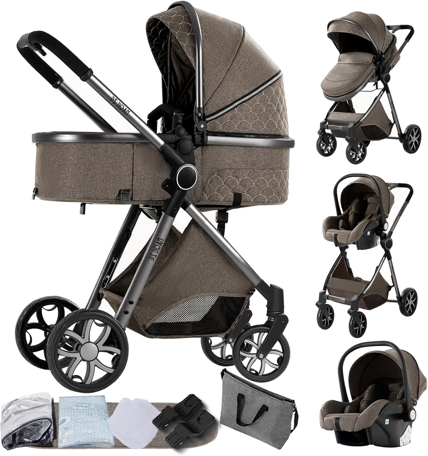 Magic ZC Poussette 3 en 1, Poussette Bebe avec Conception Portable Pliable en Un Clic, Pousette 3 en 1 avec Poussée Réversible Bidirectionnelle, Poussette Trio avec Accessoires (black gold 588)