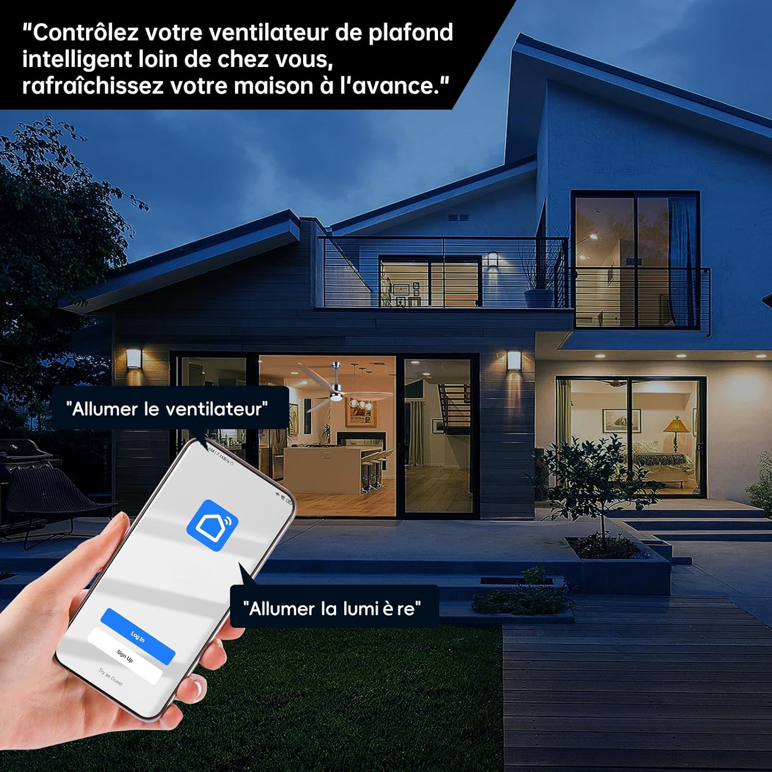 Ovlaim 132cm intérieur extérieur 3 pales hélice Smart ventilateur de plafond, Ventilateur de plafond en bois massif à moteur DC silencieux avect