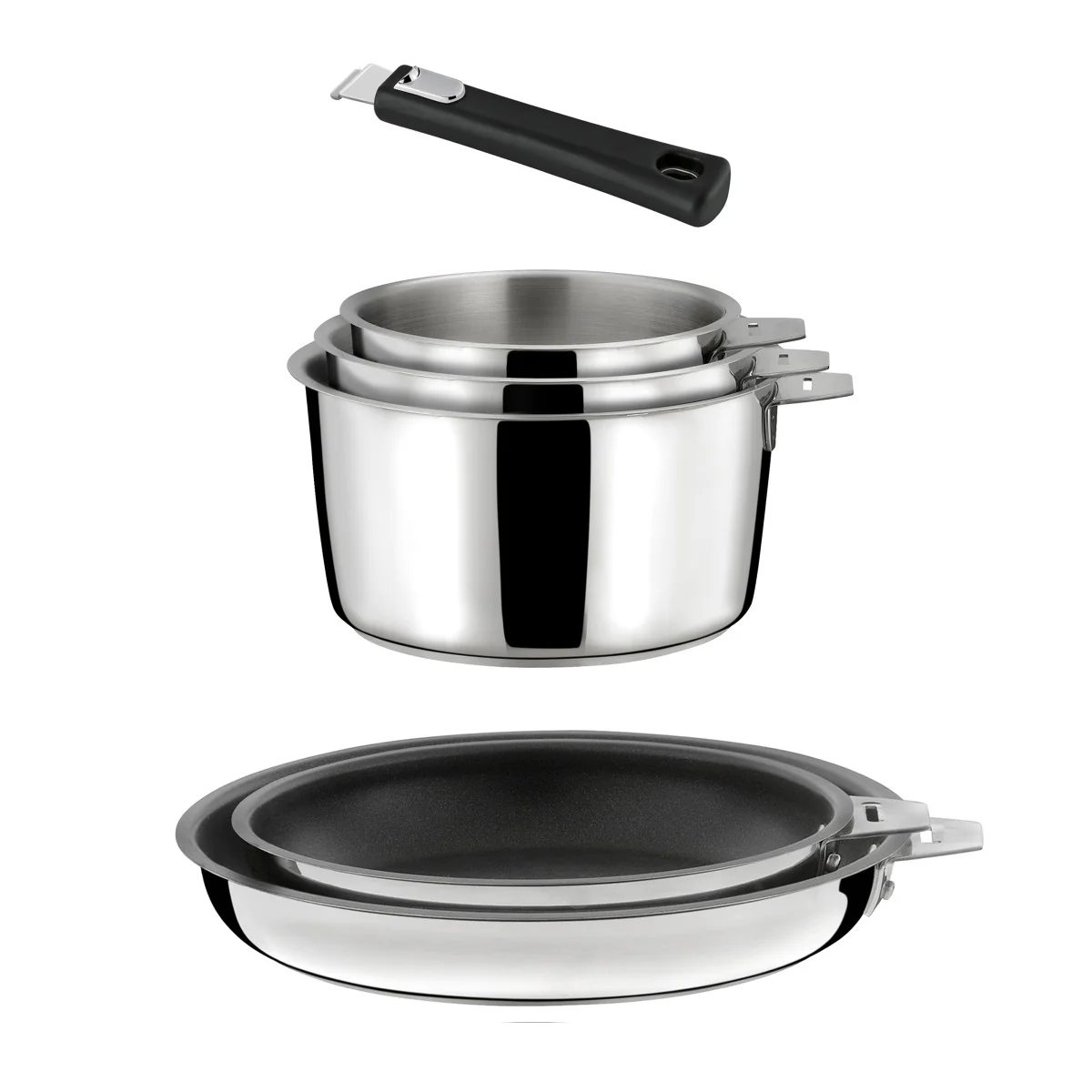 Malice - Lot 6 pièces - 3 casseroles, 2 poêles revêtues et 1 poignée noire Cuisinox