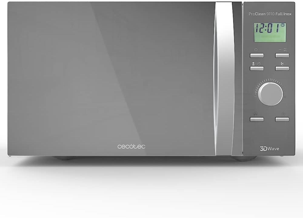 Cecotec Four à micro-ondes ProClean 9110 FullINOX avec grill 1000 W, 30 litres, 5 niveaux de puissance, 8 programmes, minuterie de 60 minutes, revêtement Ready2Clean, design avant miroir