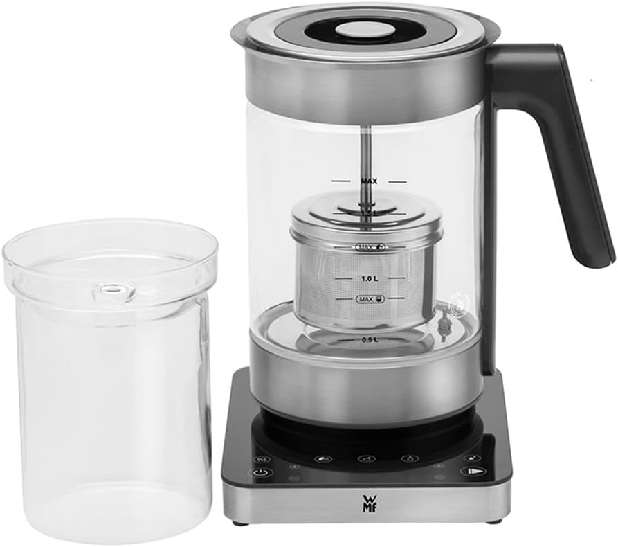 WMF Lumero Bouilloire 3 en 1 en verre 1,6 l, fonction bec verseur à 36 °, chauffe-aliments pour bébé, multichauffeur, yaourtière, réglage de la température, acier inoxydable mat