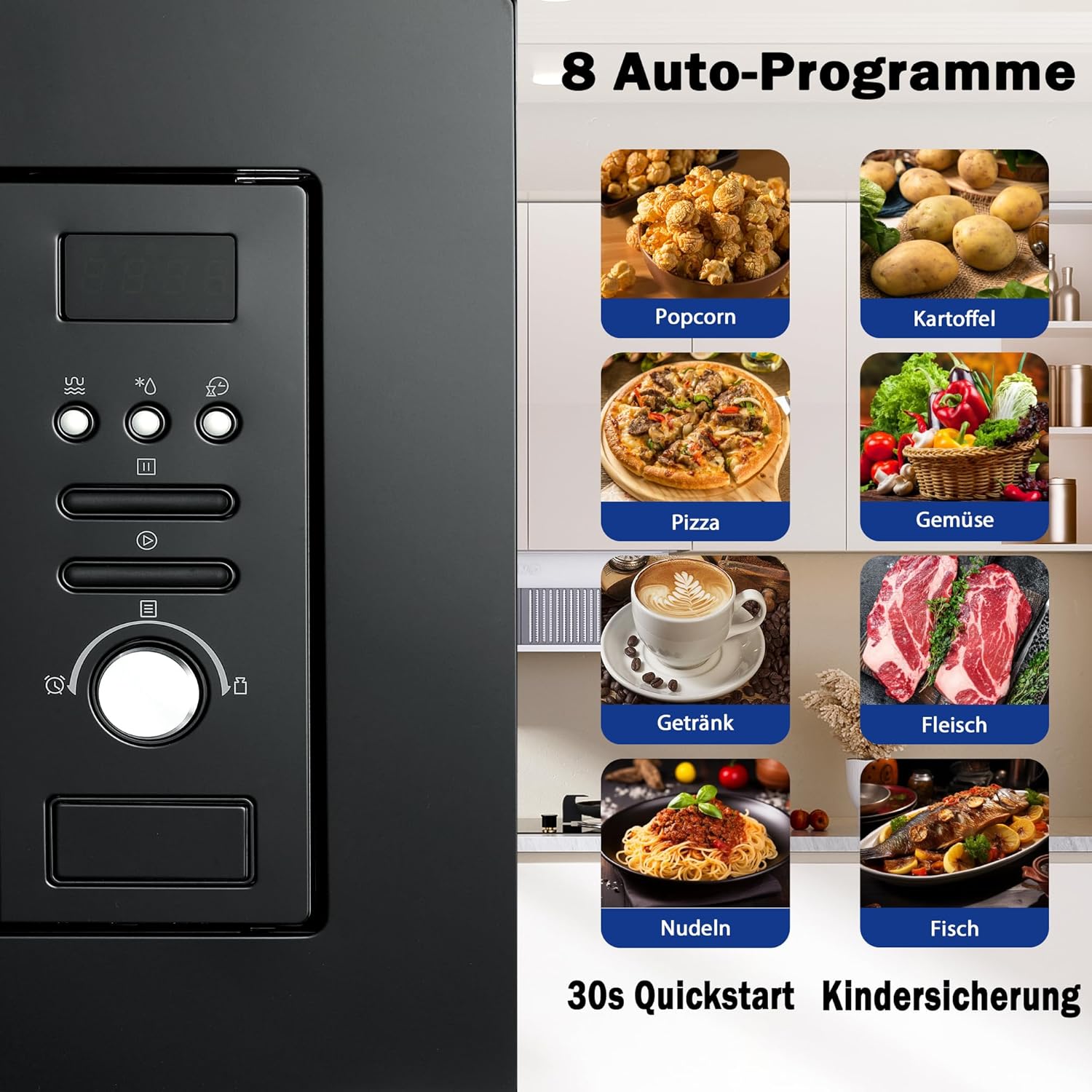 Smad Four à Micro-ondes Encastrable 20L, Micro Ondes Combiné, 8 Niveaux de Puissance en Micro-Ondes 800W et Gril 1000W, Décongélation Intelligente, 8 Menus Automatiques, Minuterie jusqu'à 95min, Noir