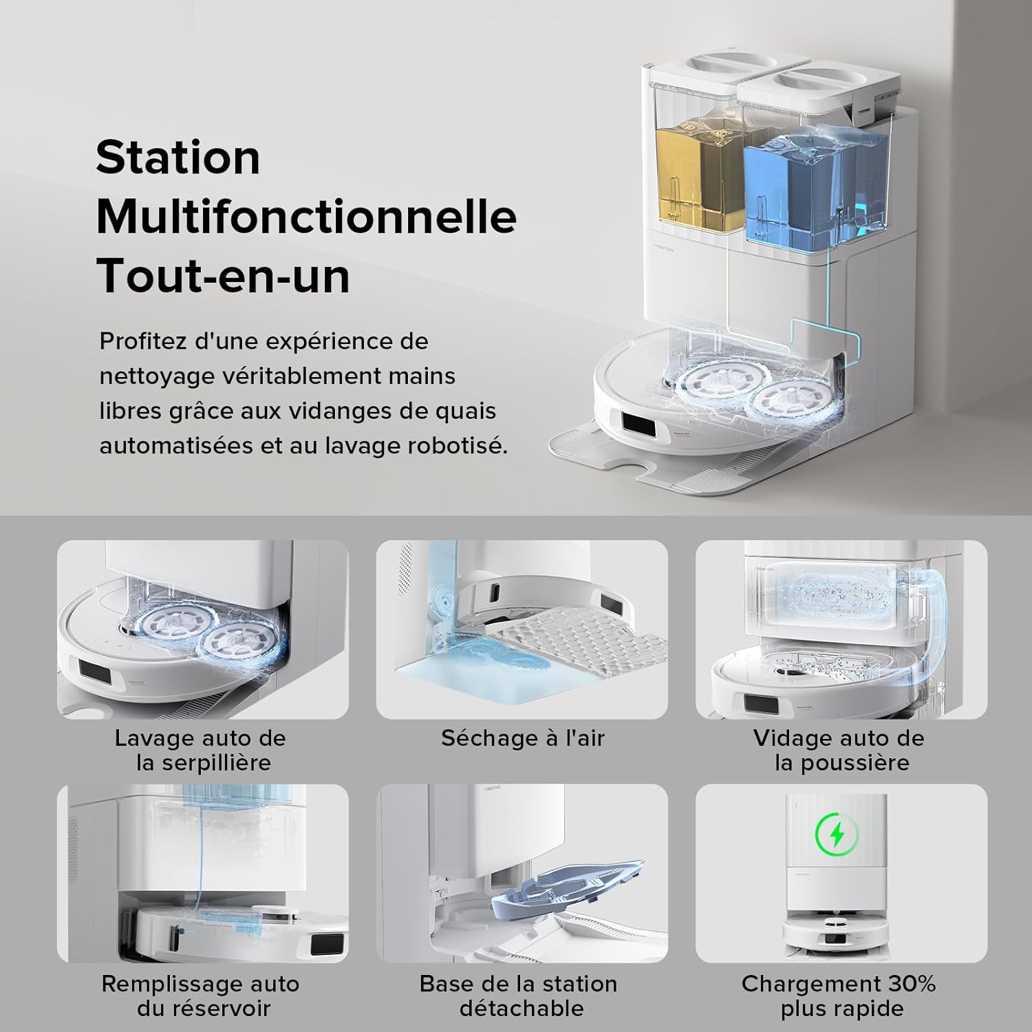 roborock QV 35A Aspirateur Robot Laveur, 8000Pa HyperForce, Station Multifonctionnelle, Serpillière Rotative 200 TR/Min & Relevable 10mm, Anti-enchevêtrement, Évitement d'obstacles, Cartographie, APP