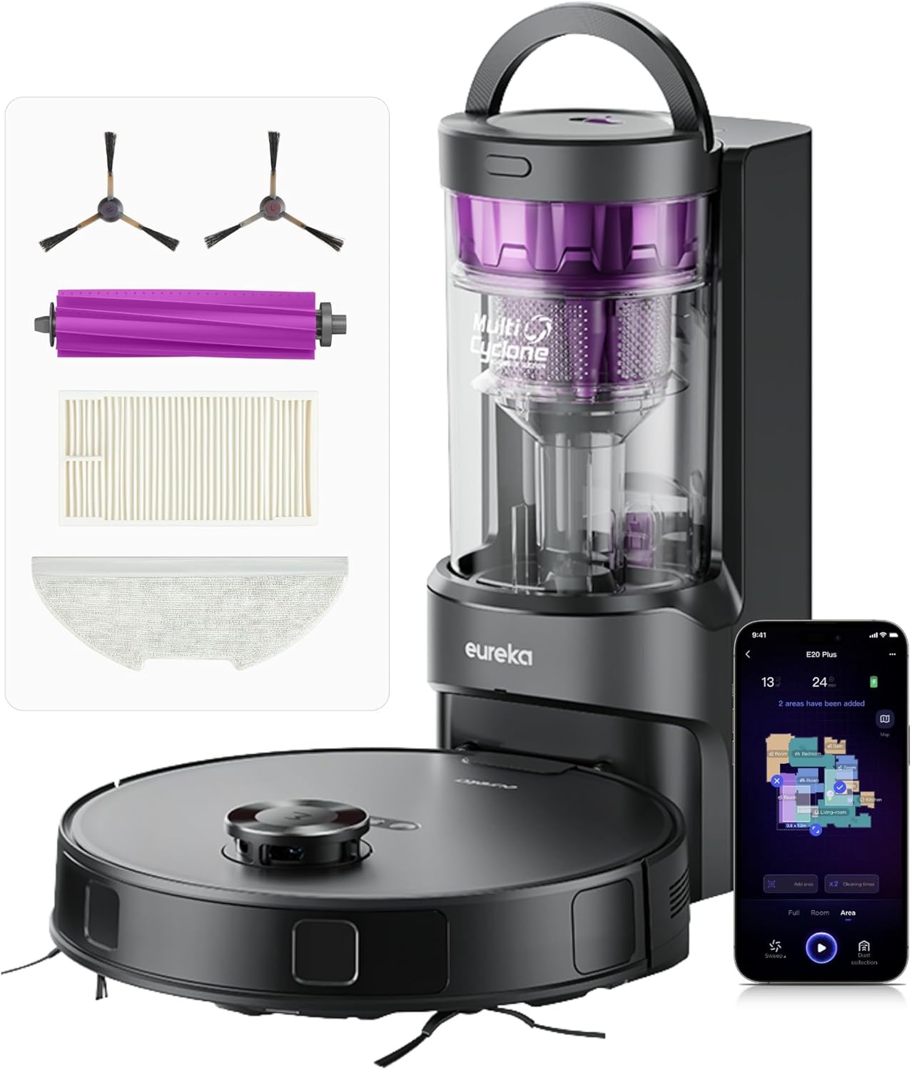 Eureka E20 Plus Aspirateur Robot de 8000 Pa avec Station de Vidange Automatique sans Sac, Robot Aspirateur Laveur Anti Enchevêtrement, Évitement d'Obstacles 3D, Autonomie de 180 Minutes, DuoDetect AI