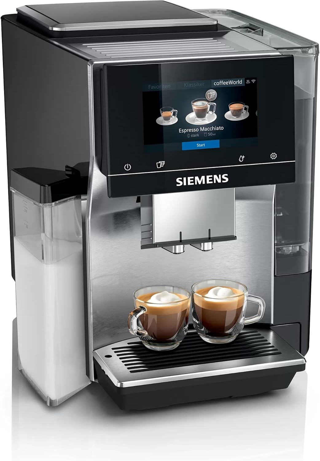 Siemens, machine à café automatique EQ900 TQ903D03, contrôle par l'application, écran tactile, mode barista, AromaBoost, réduction du bruit, broyeur premium, nettoyage à la vapeur, 1 500 W, inox