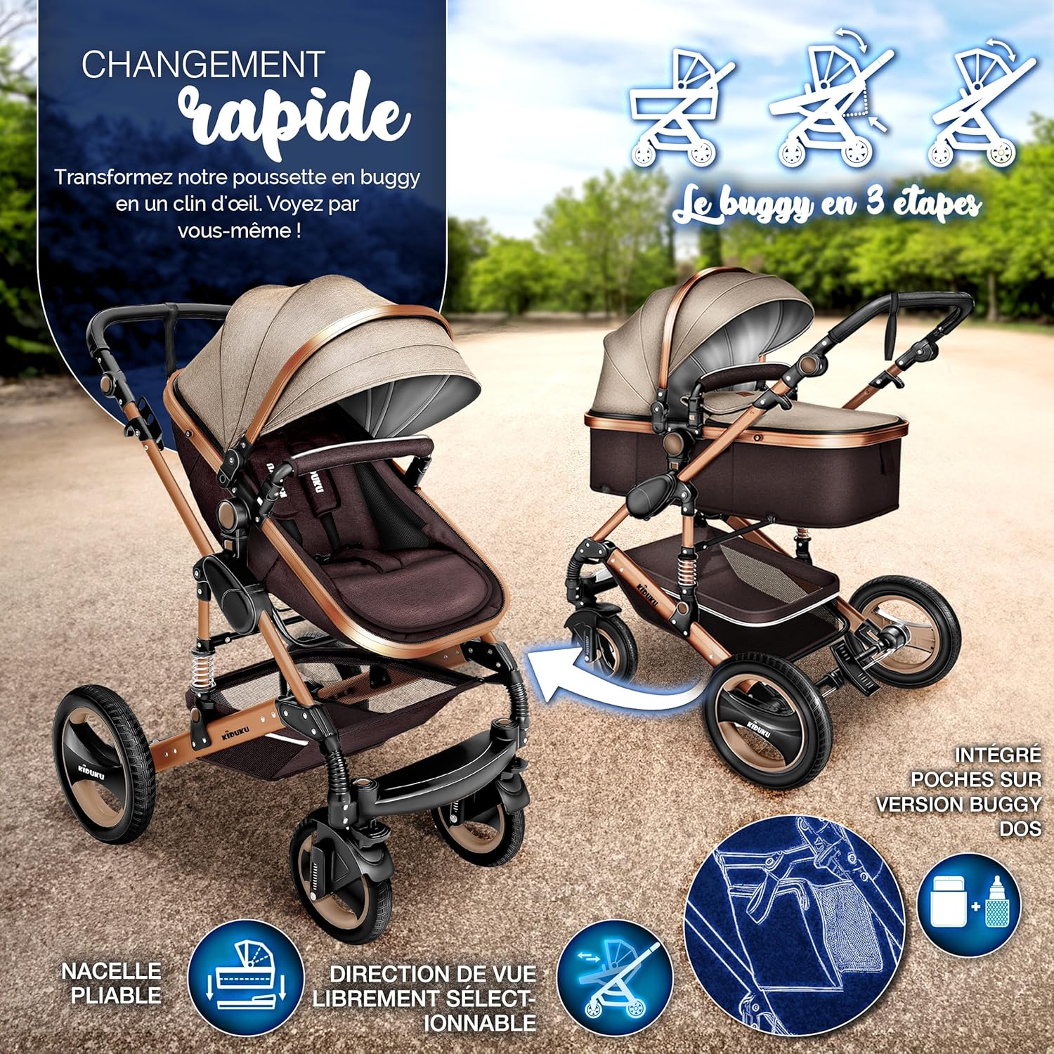 KIDUKU® Poussette Combinée 3 en 1 | Trio pour Enfants | Siége Auto Légère, Piable | Nacelle Souple Convertible | Set de Voyage (Noir/Champagne)