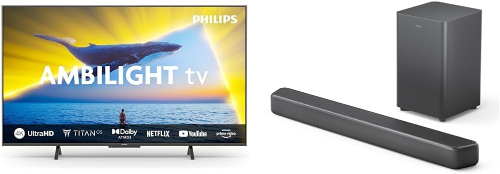 Philips Ambilight 43PUS8109 Smart TV LED 4K - Écran 43 Pouces avec Plate-Forme Pixel Precise Ultra HD, Titan OS et Son Dolby Atmos, Fonctionne avec l’Assistant Vocal Alexa et Google - Chrome satiné