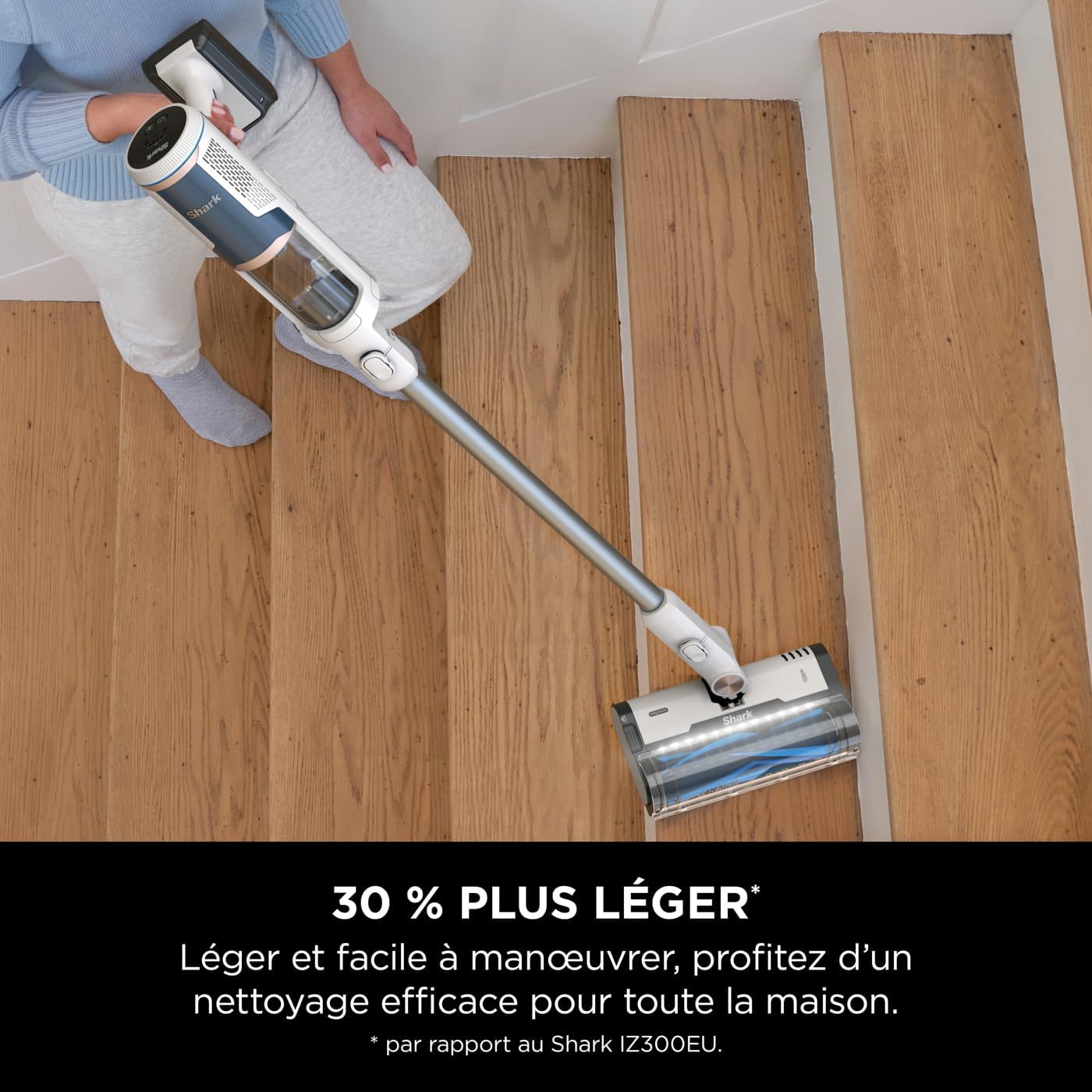 Shark Clean & Empty Aspirateur sans fil, système vidange automatique, aspirateur léger anti-poils avec outils animaux et interstices, autonomie 40 minutes, station de chargement, blanc/bleu, BU3521EU