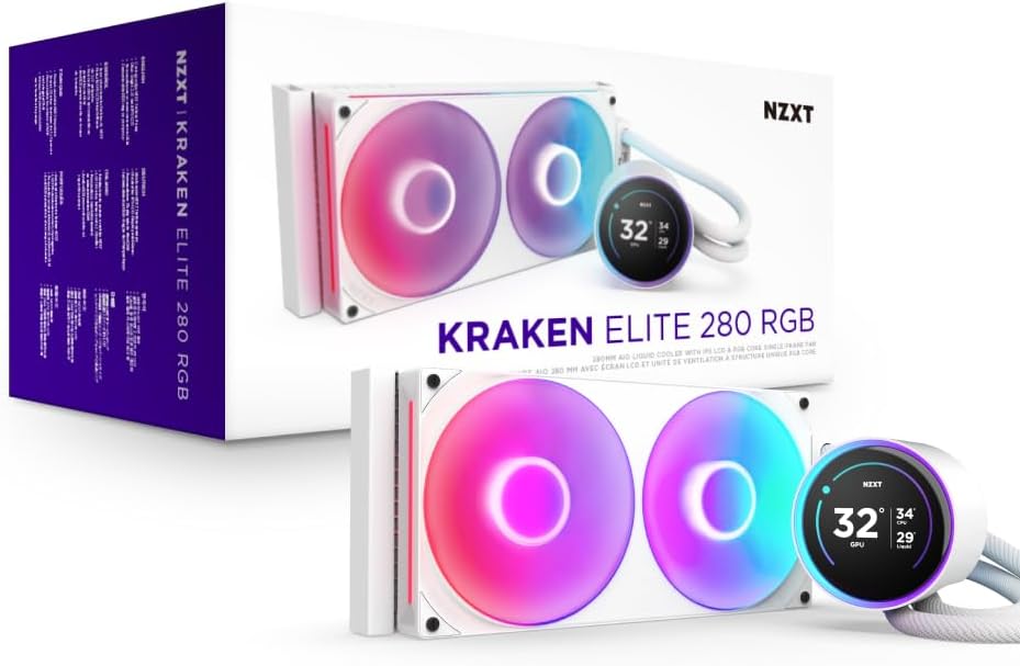 NZXT Kraken Elite 280 RGB - Refroidisseur de liquide CPU AIO - Radiateur 280mm - Ventilateur F280 RGB - IPS LCD 2,72 personnalisable - Turbine Pump - LGA 1700 1200 115X 1851 / AM5 AM4 - Noir