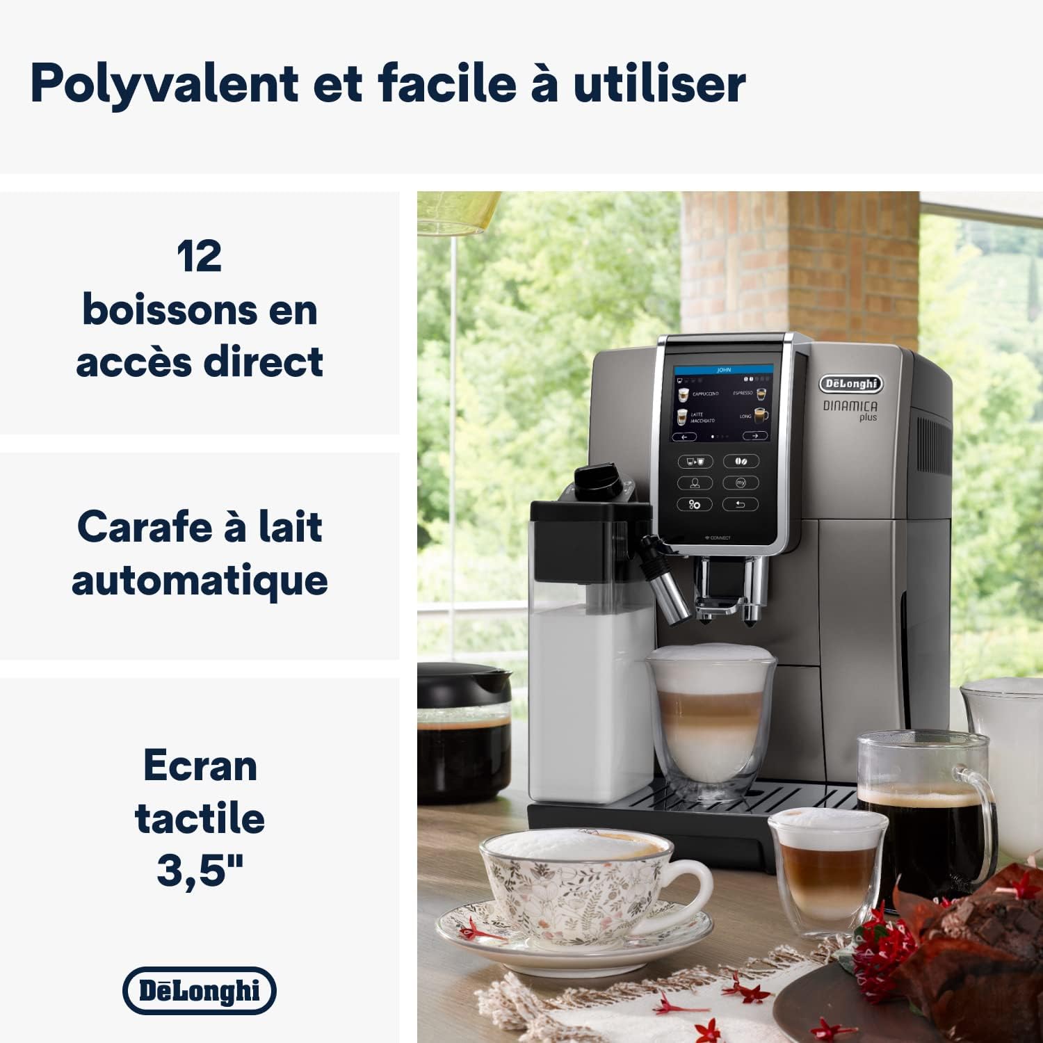 De'Longhi Dinamica Plus ECAM 370.70.B, Machine Expresso avec Broyeur, Système LatteCrema, Technologie Smart One Touch, Ecran Tactile Complet, Fonction My, 1.8l, Noir