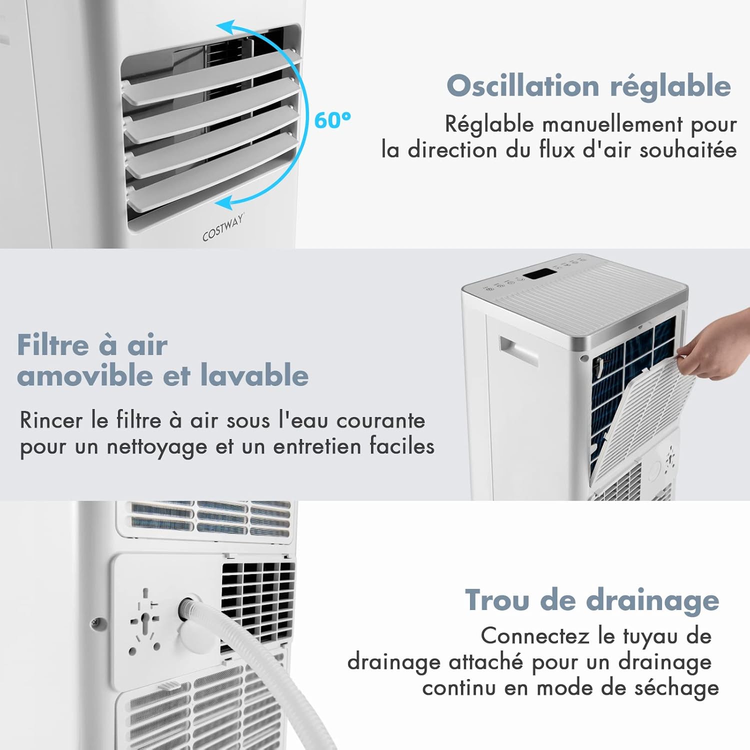 RELAX4LIFE Climatiseur Mobile Silencieux 9000BTU, Climatiseur Portable 4 en 1, Refroidisseur d'Air, Ventilateur, Déshumidificateur, Mode Nuit, 15-20㎡, Télécommande, Minuterie 24H, Classe Energie A