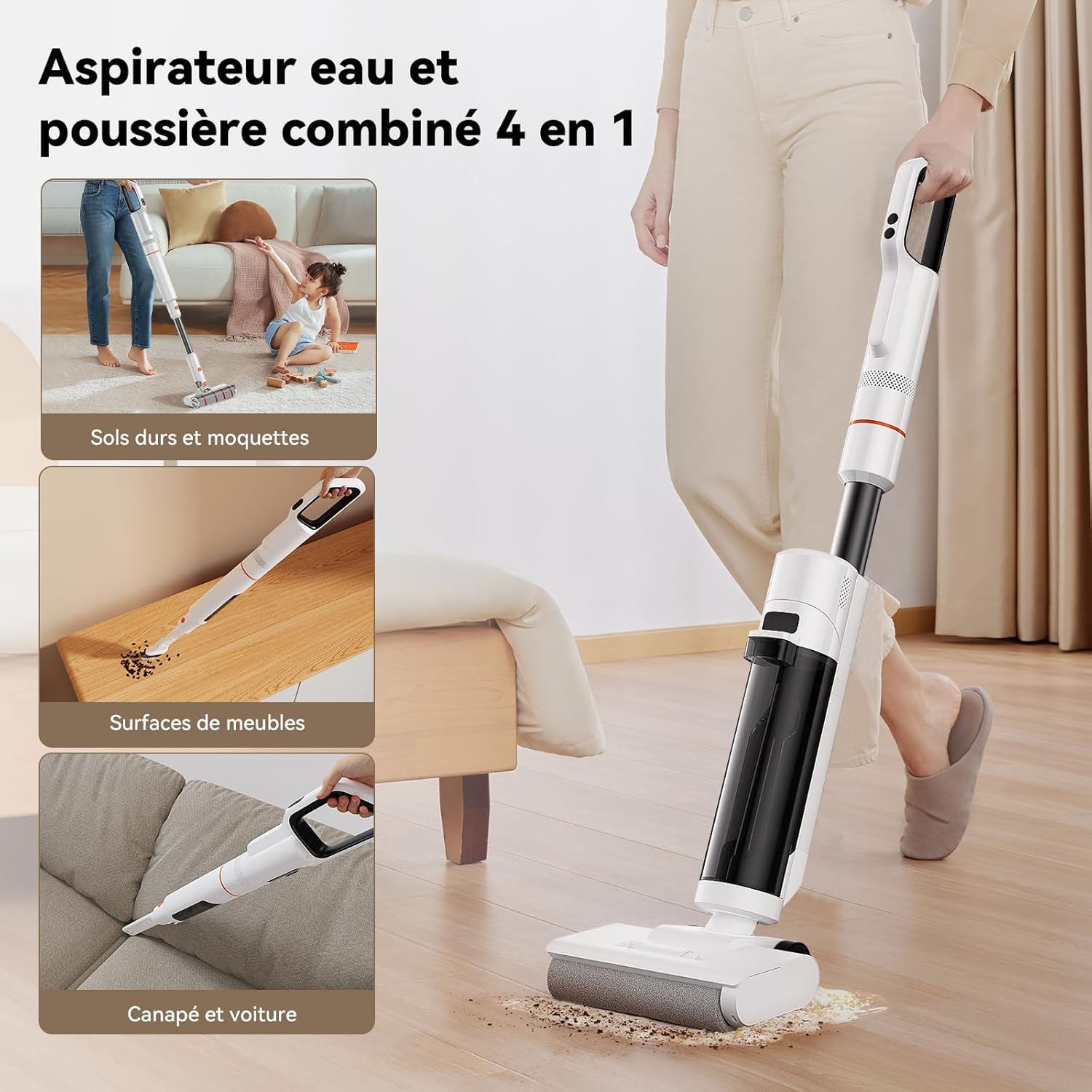 JONR ED12 Aspirateur Eau et Poussière, Aspirateur et Balai à Franges sans Fil 4 en 1, Brosse Rouleau de Nettoyage des Bords, Fonction d’Auto-Nettoyage, pour Sols Durs, Poils d'animaux