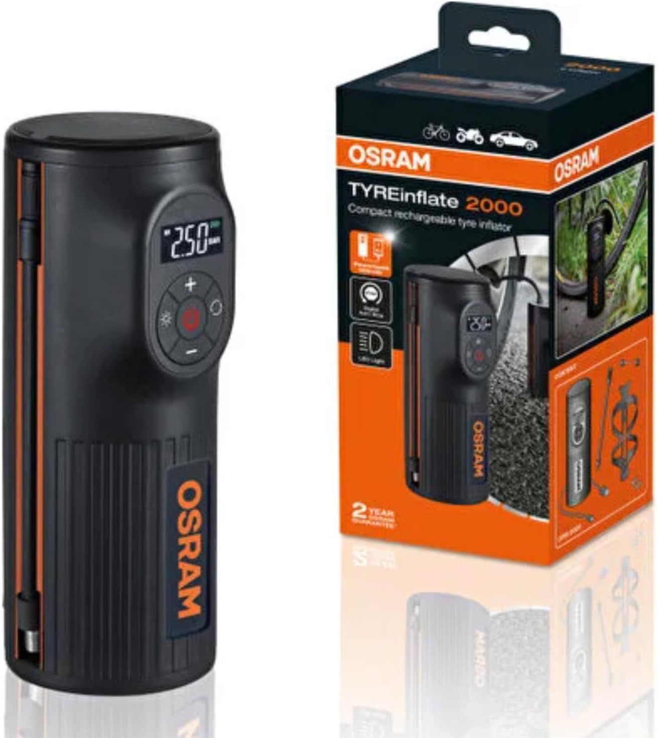 OSRAM TYREinflate Connect 650, compresseur de pneu numérique avec arrêt automatique et lumière LED, compresseur portable 12V pour pneus de voiture, connexion électrique via allume-cigare