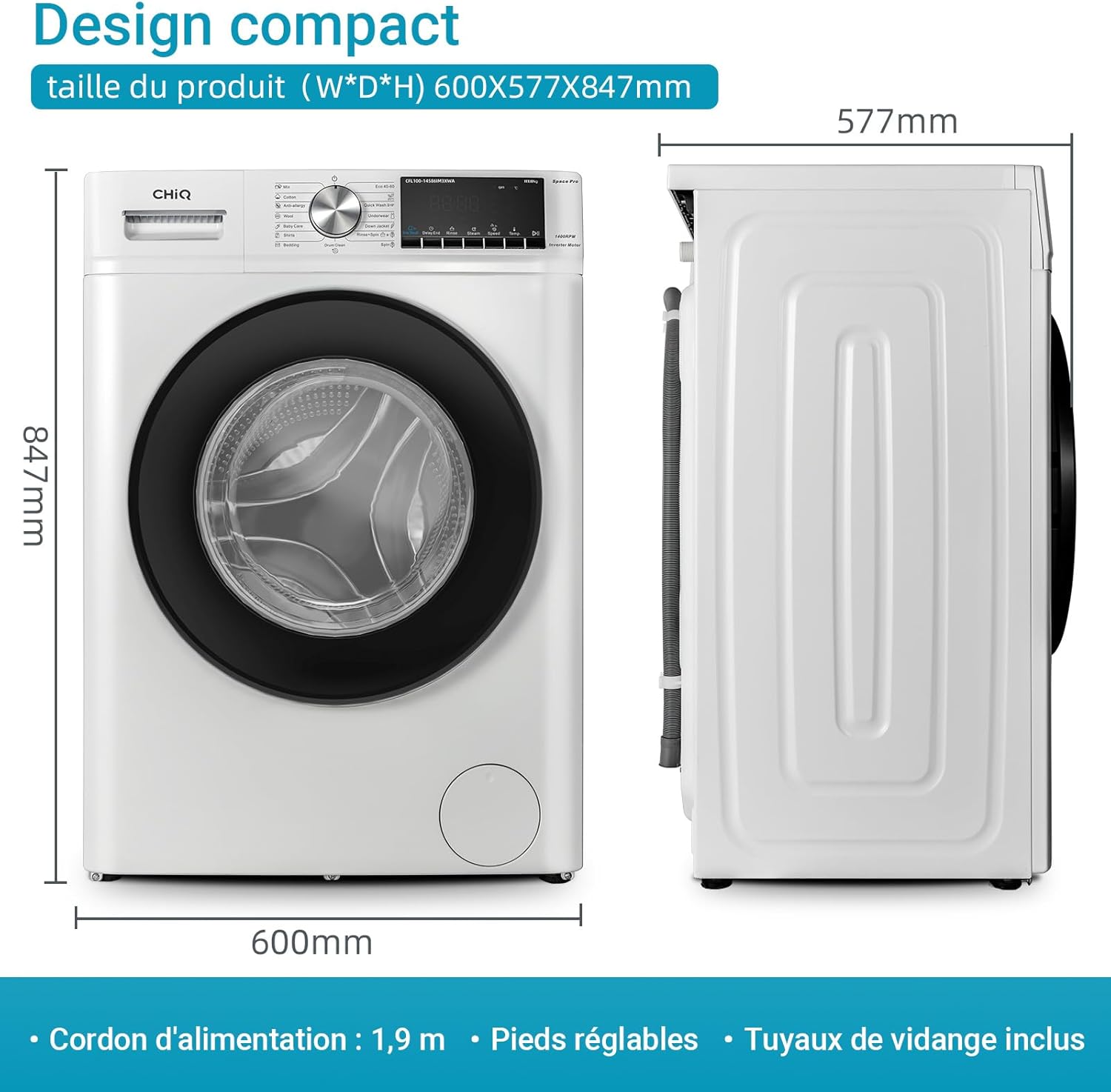 CHiQ Lave-linge à chargement frontal 10kg CFL100-14586IM3XWA,Space Pro,Moteur Inverter stable,1400 tr/min, Programme intelligent à IA,Fonction vapeur,Lavage rapide 15 minutes,15 cycles lavage,Blanc