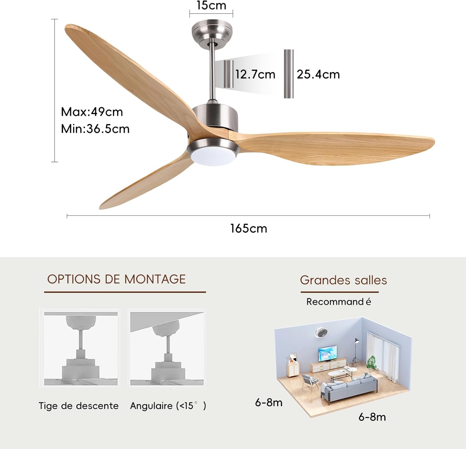 Ovlaim 132cm intérieur extérieur 3 pales hélice Smart ventilateur de plafond, Ventilateur de plafond en bois massif à moteur DC silencieux avect