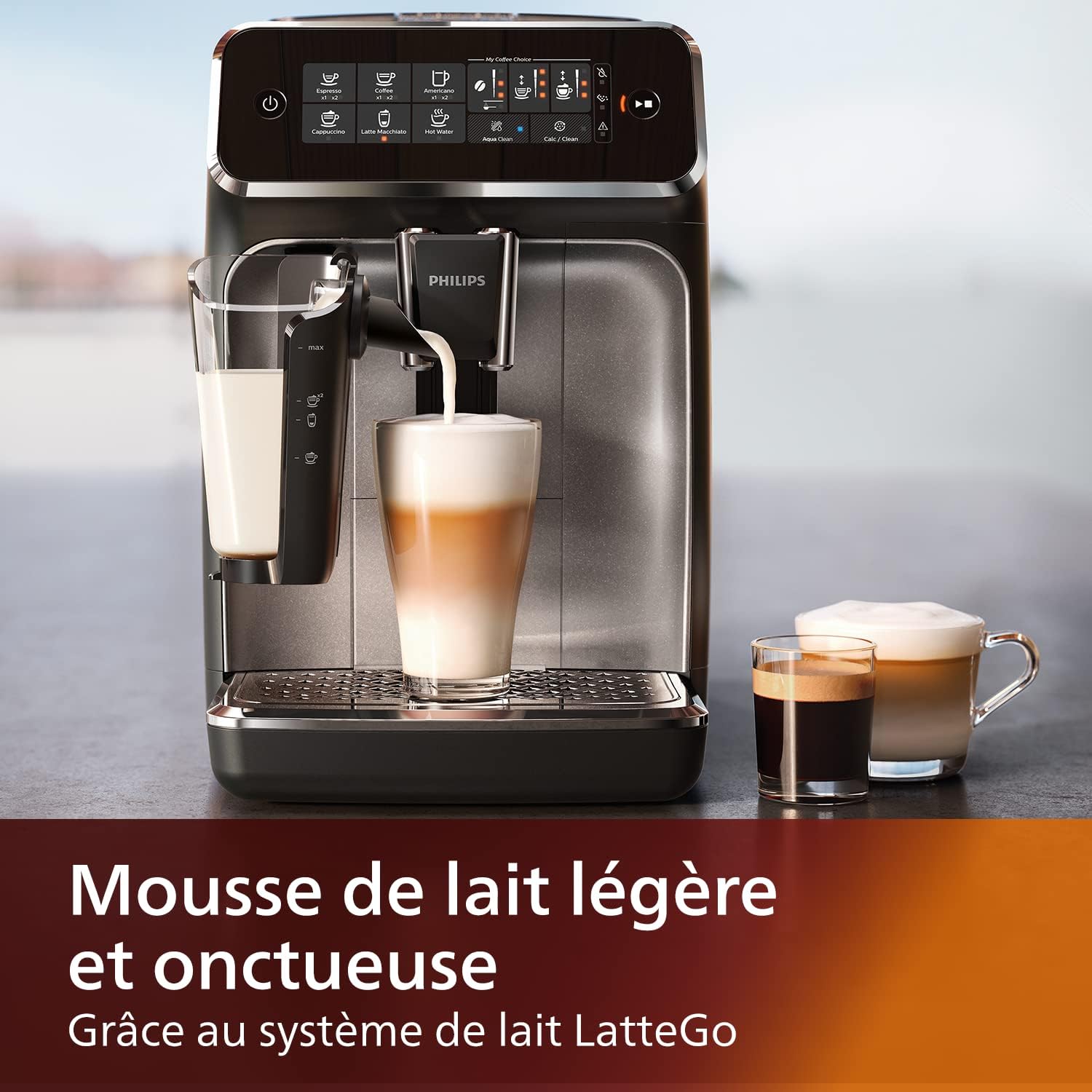 Philips Série 3200 Machine Expresso - Café à Grain - LatteGo Mousseur à Lait, 5 Spécialités de Café, Écran Tactile Intuitif, Argent (EP3246/70)
