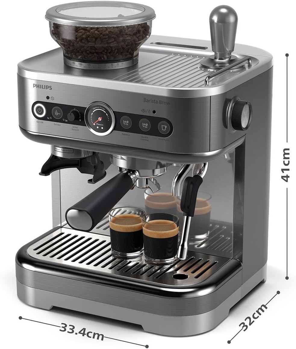 Philips Barista Brew Machine à Espresso Semi Automatique - Espresso simple et double + bouton Americano, réservoir à grains de 250g, guidage intuitif, tassage calibré, métal argenté (PSA3218/01)