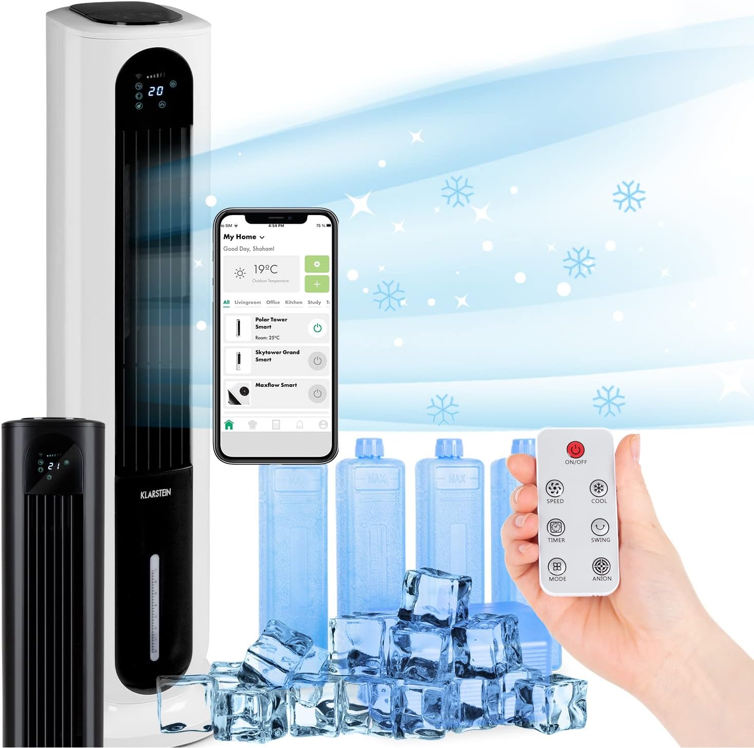 Klarstein Rafraichisseur d'Air Mobile 5 en 1, Refroidisseur d'Air par Evaporation avec Humidificateur, Ventilateur, Ioniseur, Climatiseur Mobile Sans Évacuation, Mode Nuit, 85W, Débit d'Air 3306m³/h